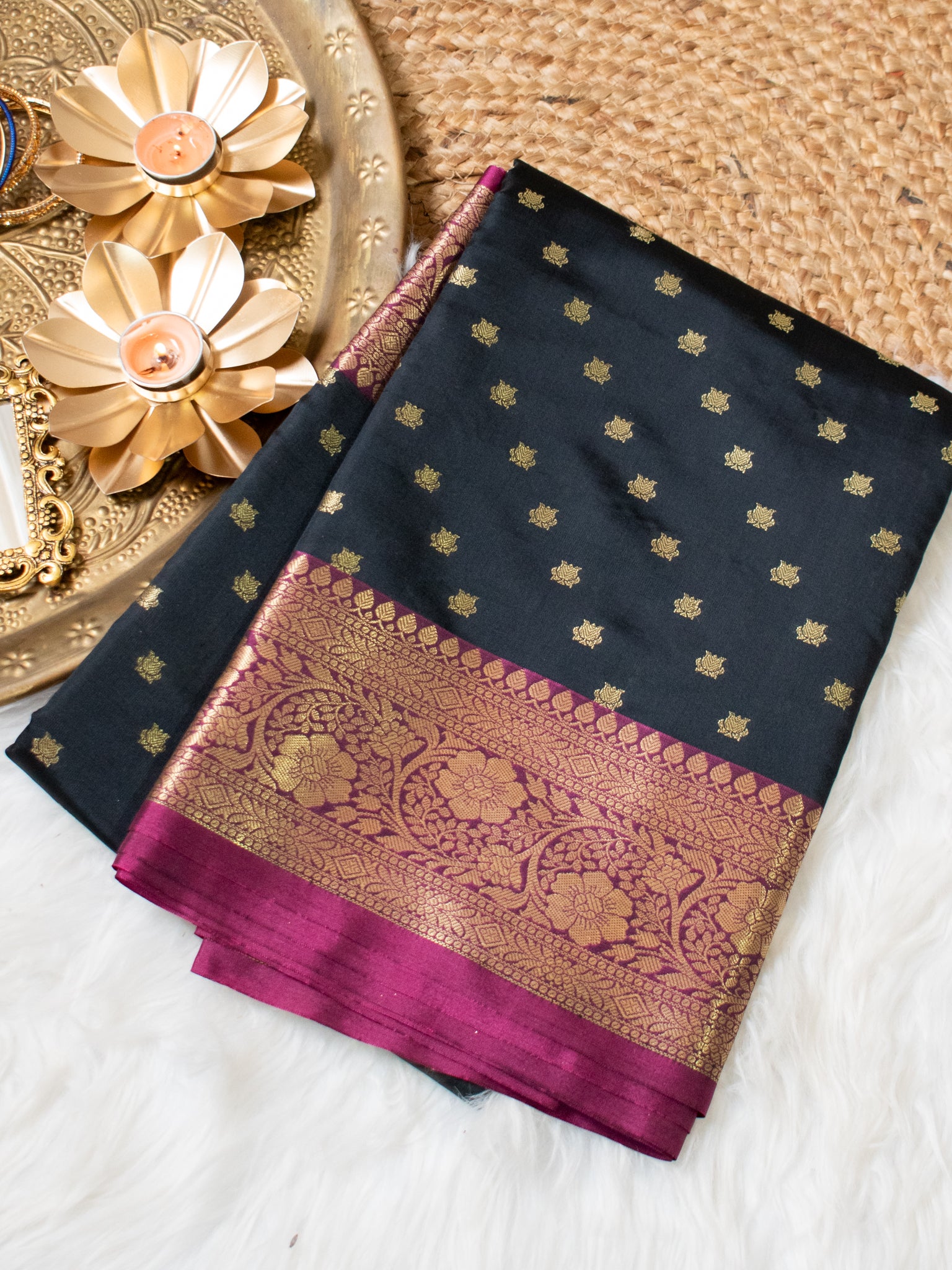 Banarasi Semi Silk Saree With Zari Buti Weaving & Border - Black