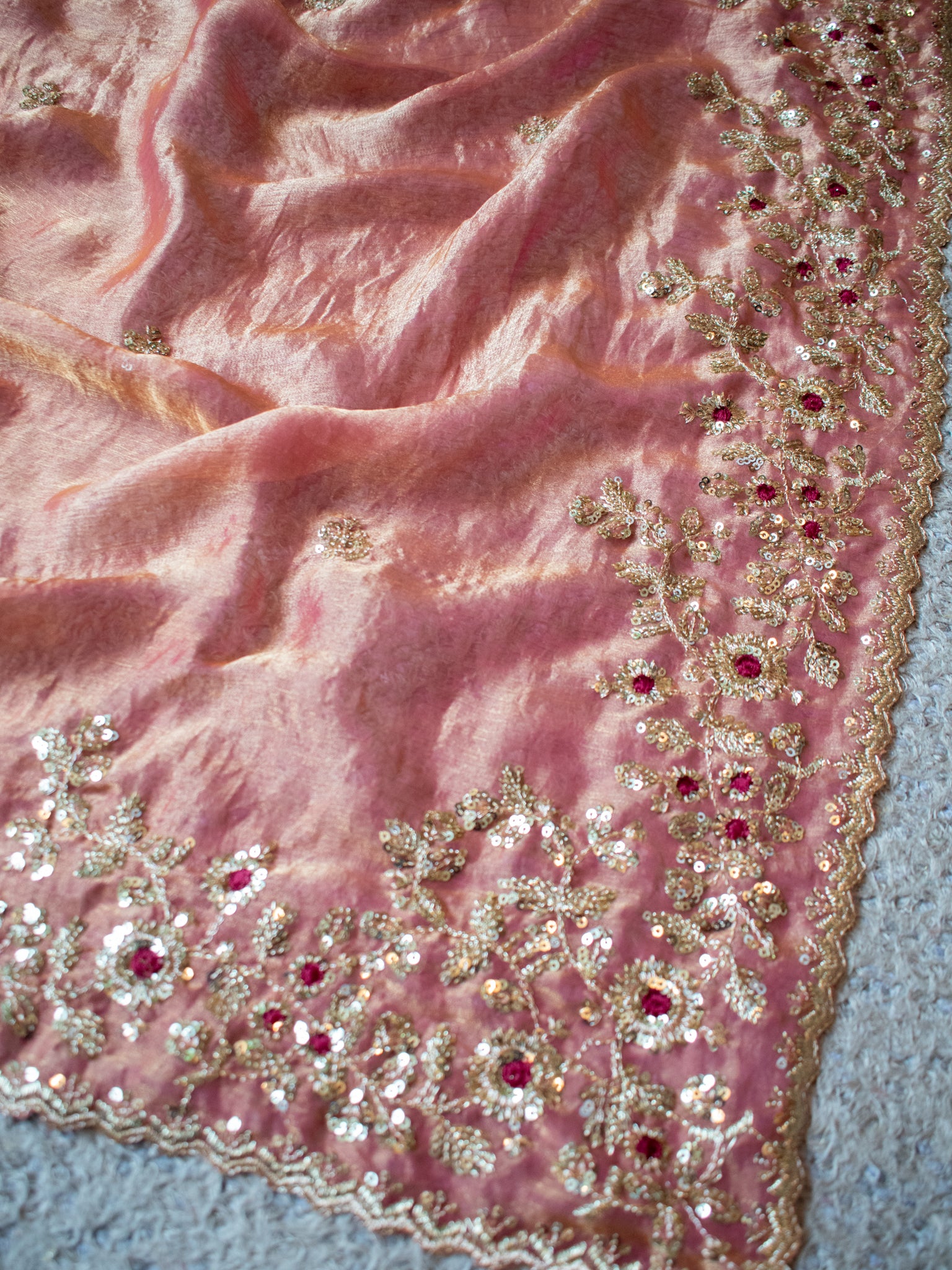 Tissue Embroidered Cocktail Saree- Pink