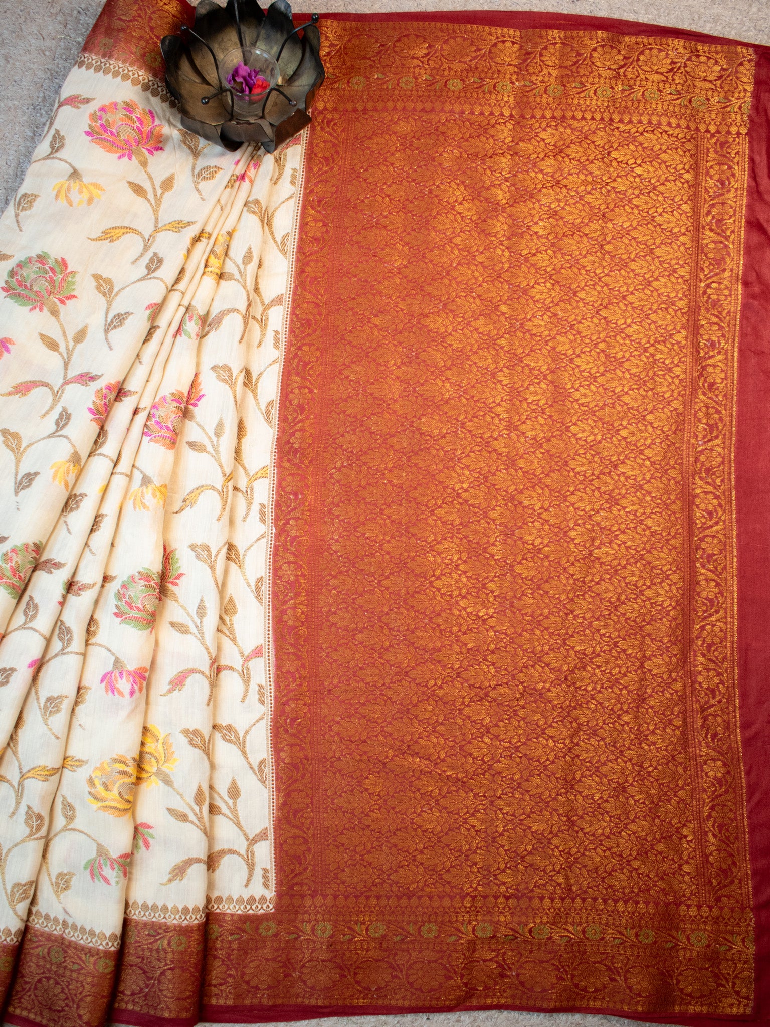 Banarasi Handwoven Pure Muga Silk Saree With Antique Resham Border- Off White