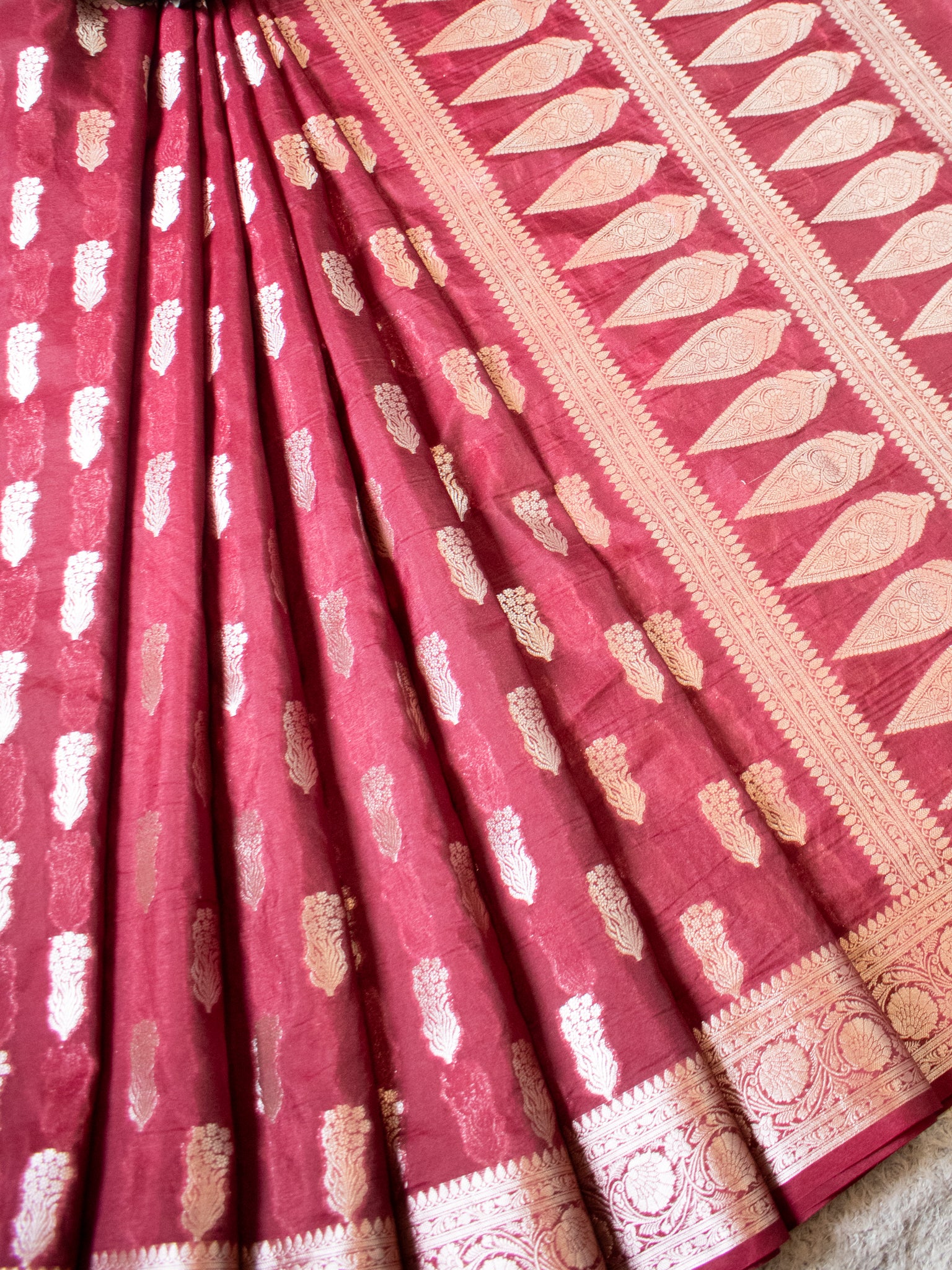 Banarasi Semi Silk Saree With Silver Zari Weaving & Border- Maroon