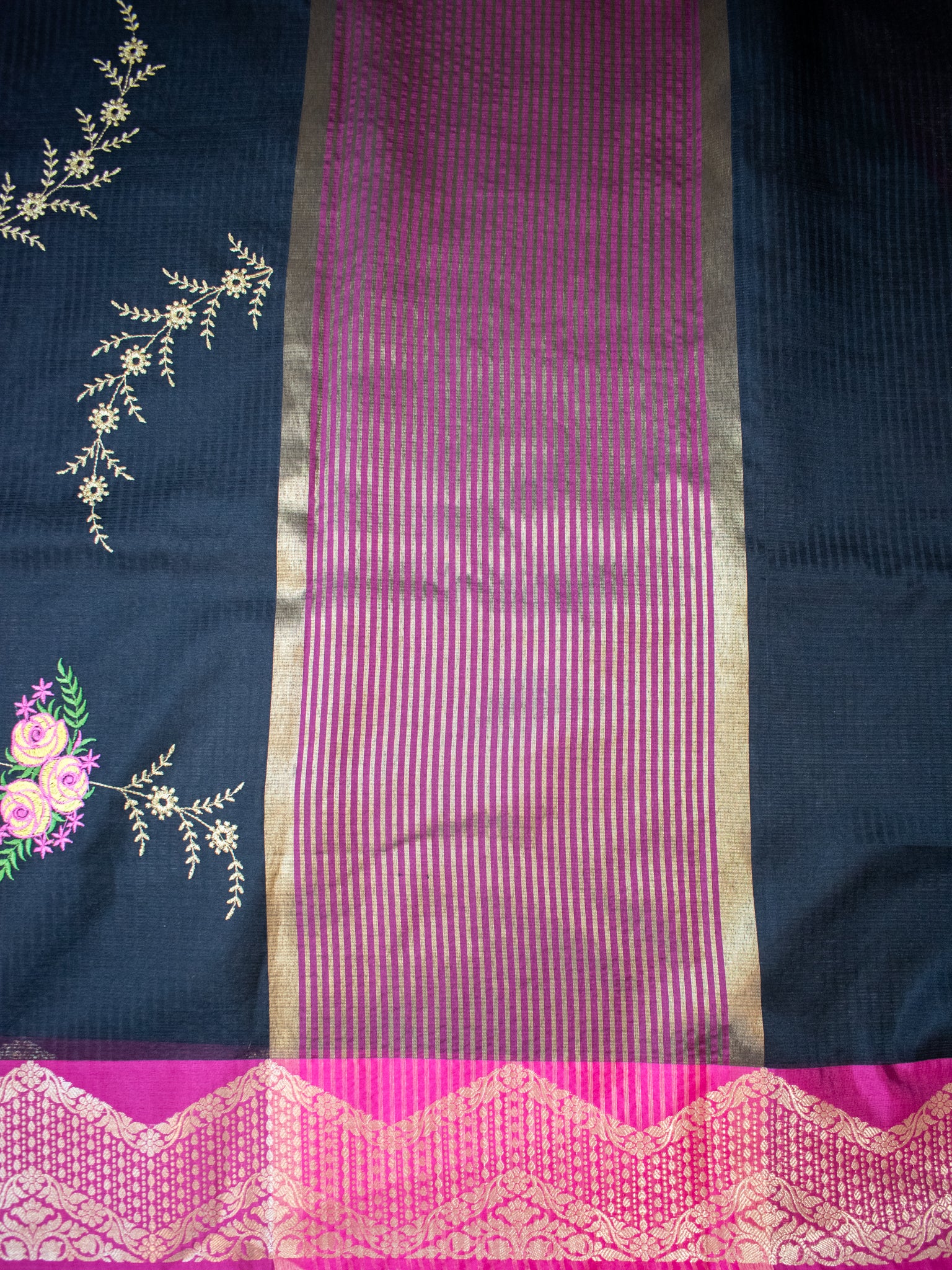 Banarasi Kota Check Saree With Embroidery & Border - Black