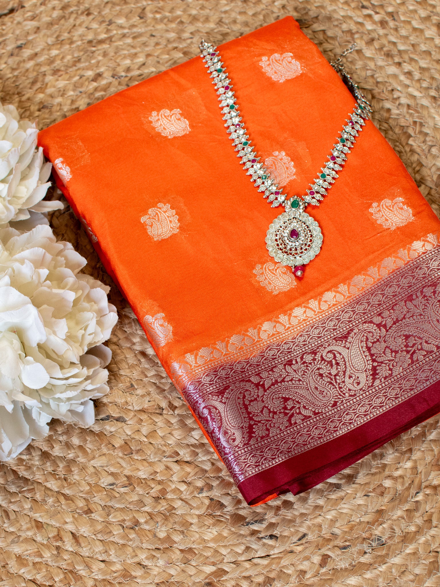 Banarasi Semi Chiffon Saree Silver Zari Buti Weaving With Contrast Border- Orange