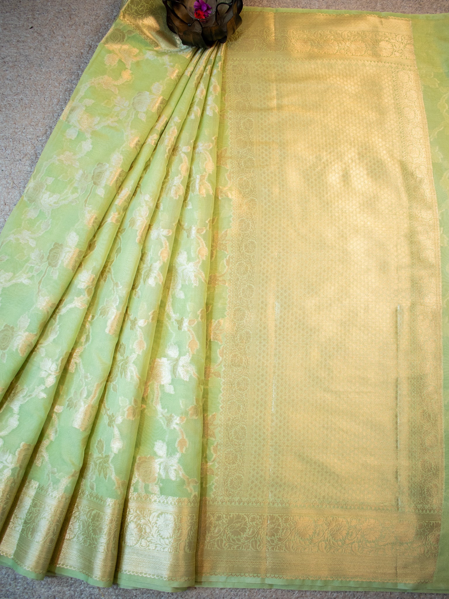 Banarasi Cotton Silk Saree With Silver Zari Jaal Weaving & Border- Green