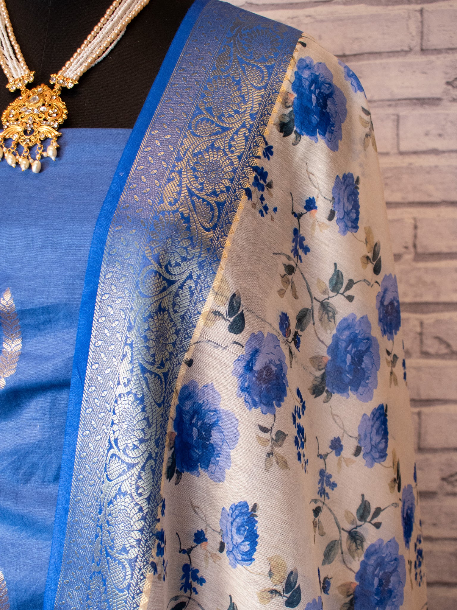 Banarasi Cotton Salwar Kameez Material With Silver Zari Weaving & Dupatta-Blue