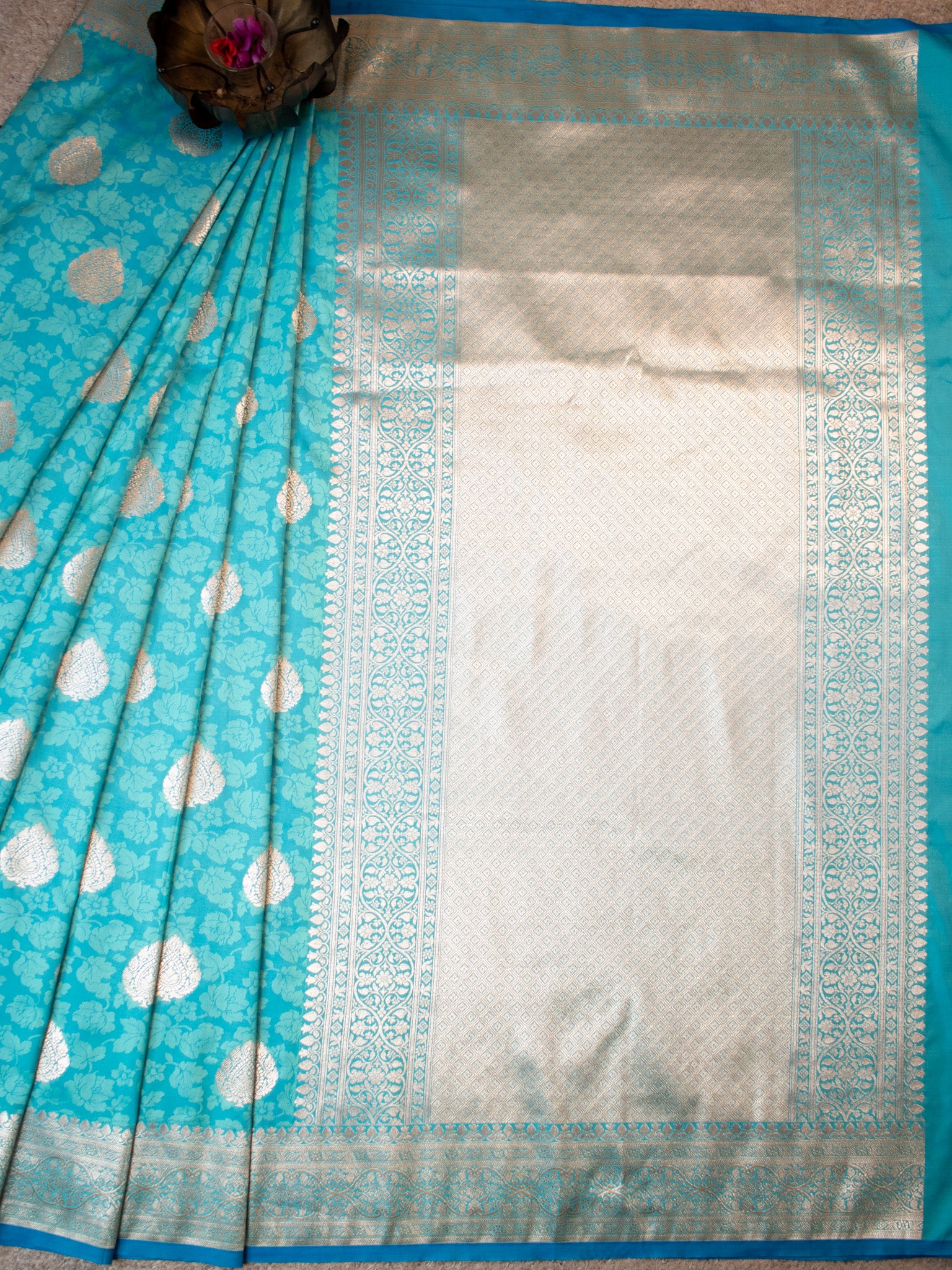 Banarasi Art Katan Silk Saree With Zari Buta Weaving & Tanchoi Weaving-Aqua Blue