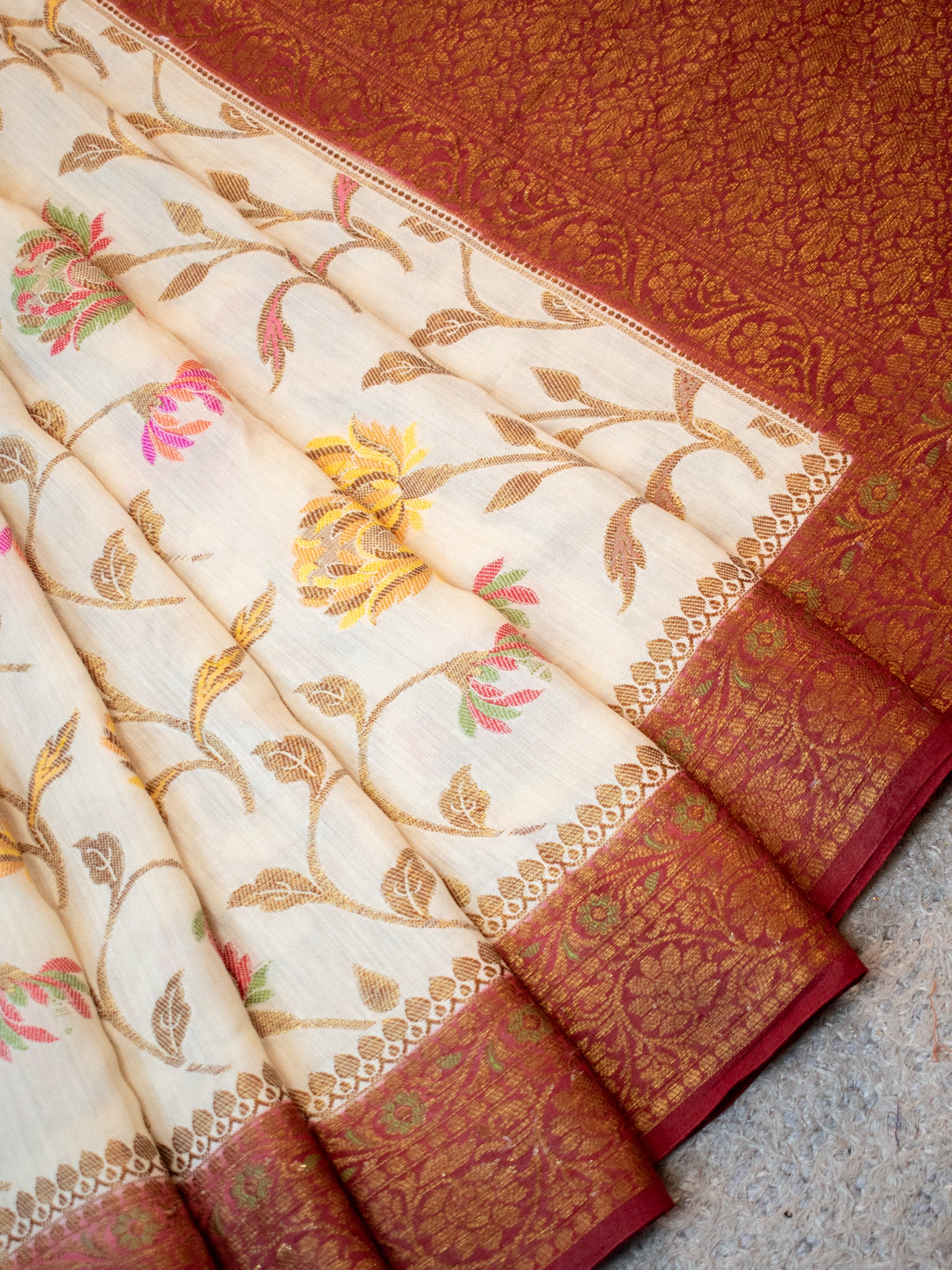 Banarasi Handwoven Pure Muga Silk Saree With Antique Resham Border- Off White