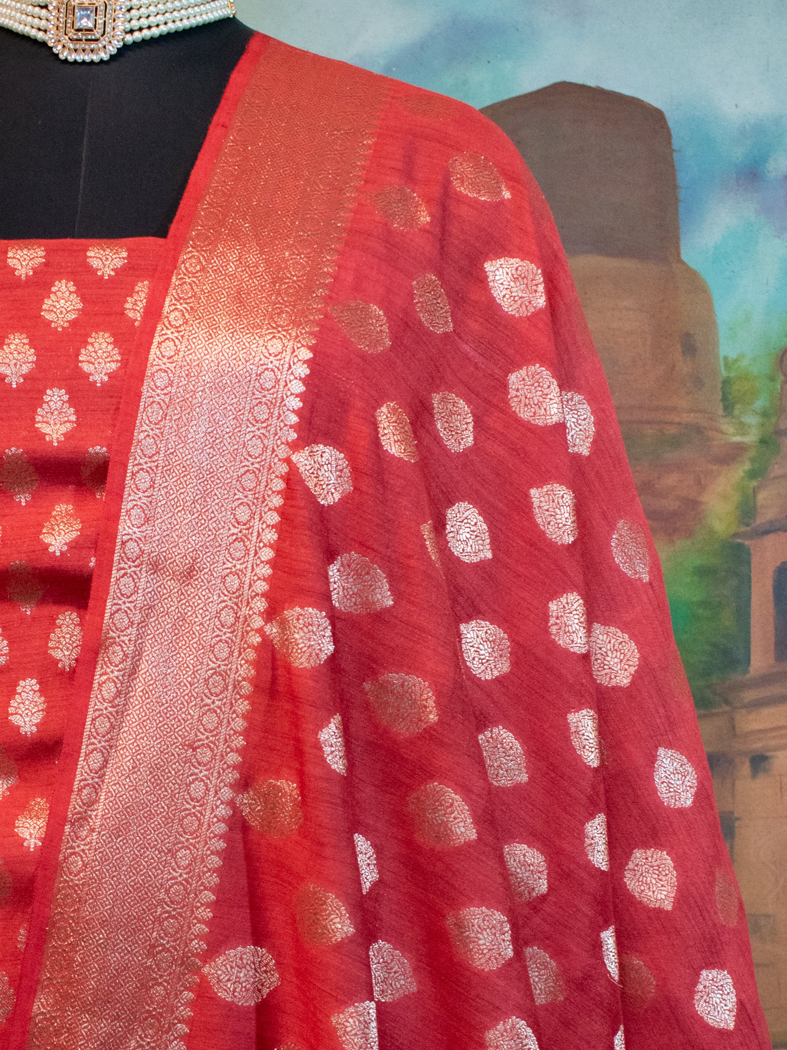 Banarasi Pure Muga Silk Salwar Kameez- Red