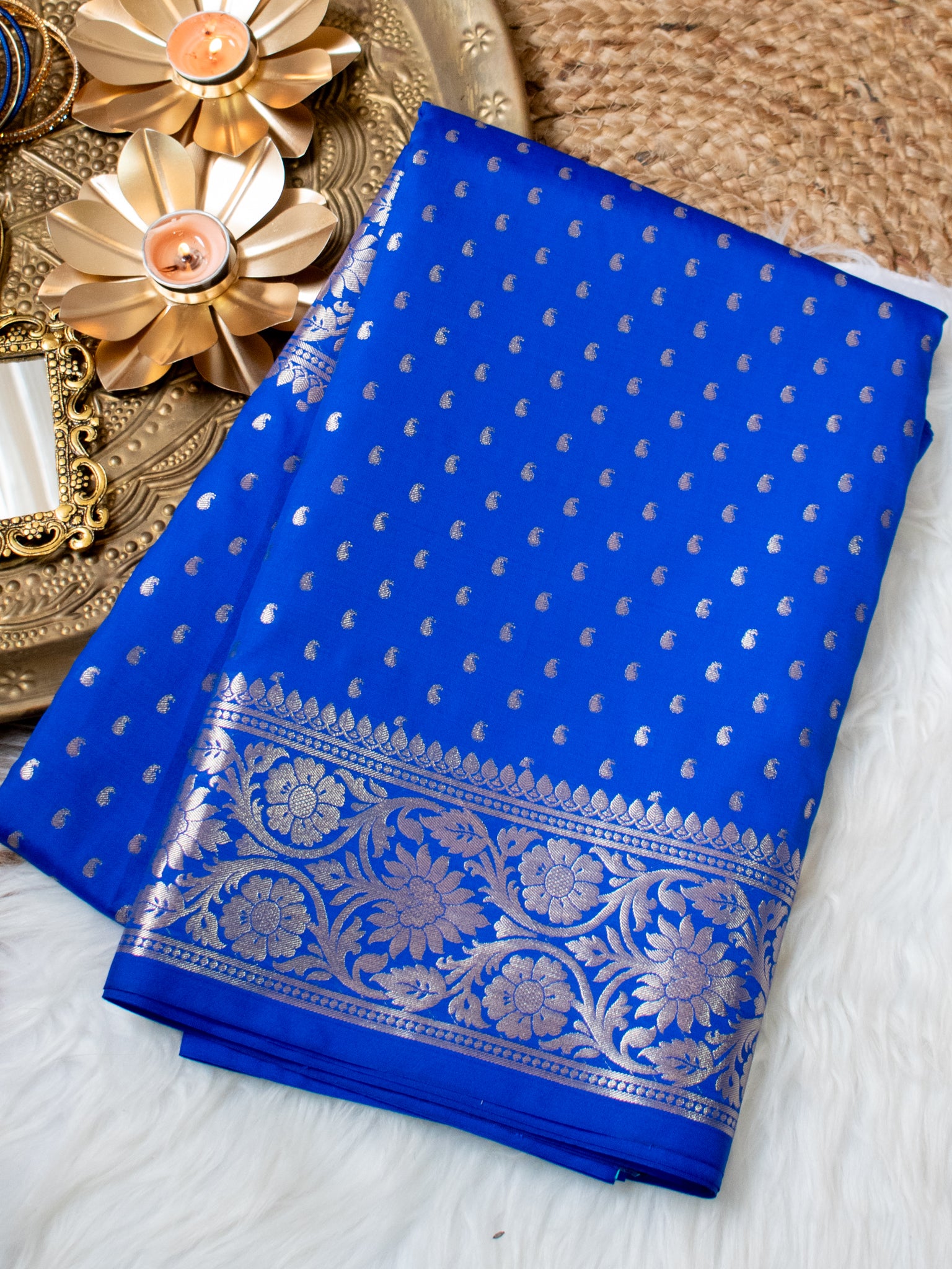 Banarasi Silk Saree With Zari Buti Weaving & Border - Blue