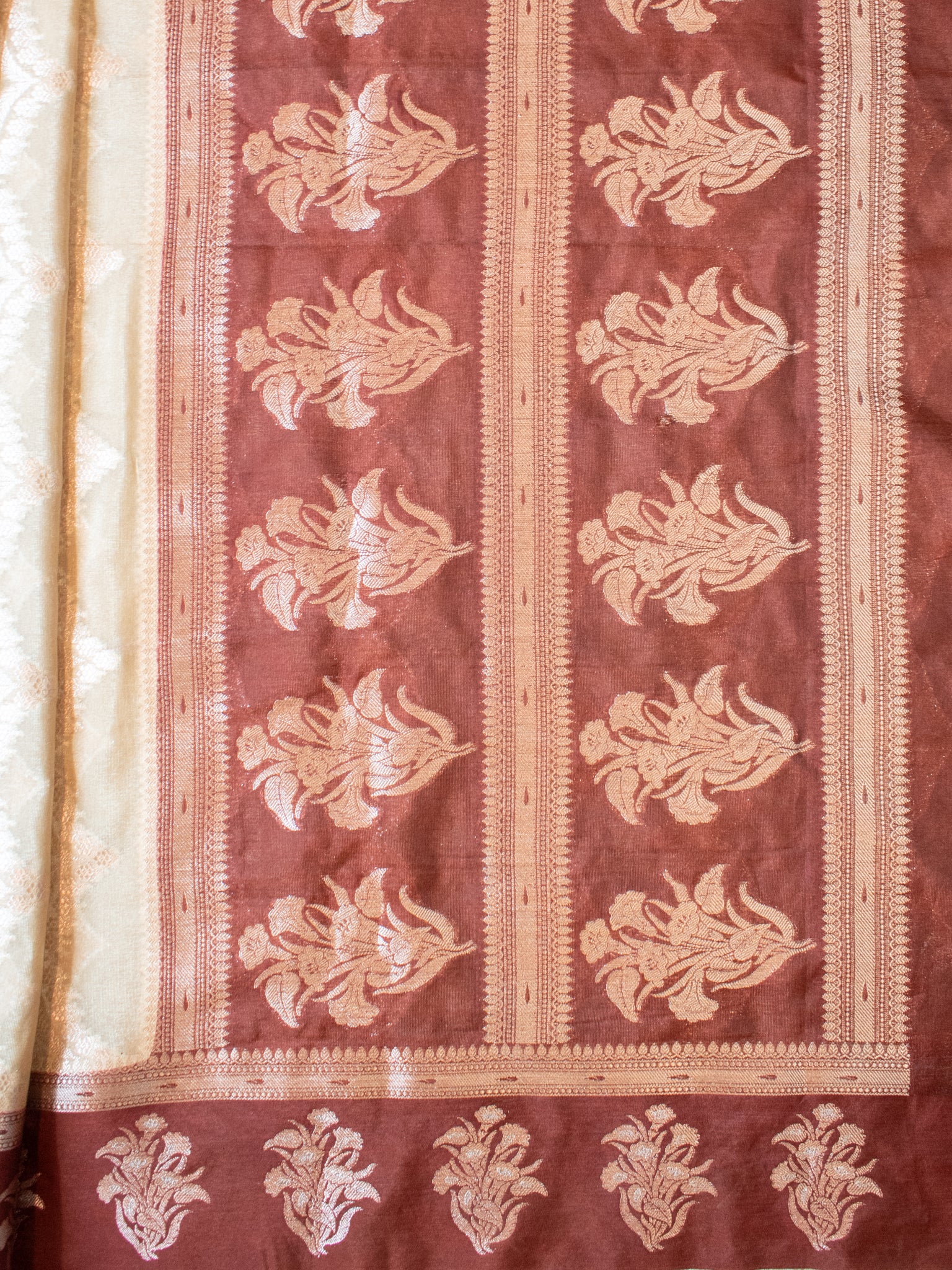 Banarasi Semi Silk Saree With Silver Zari Weaving & Contrast Border- Beige