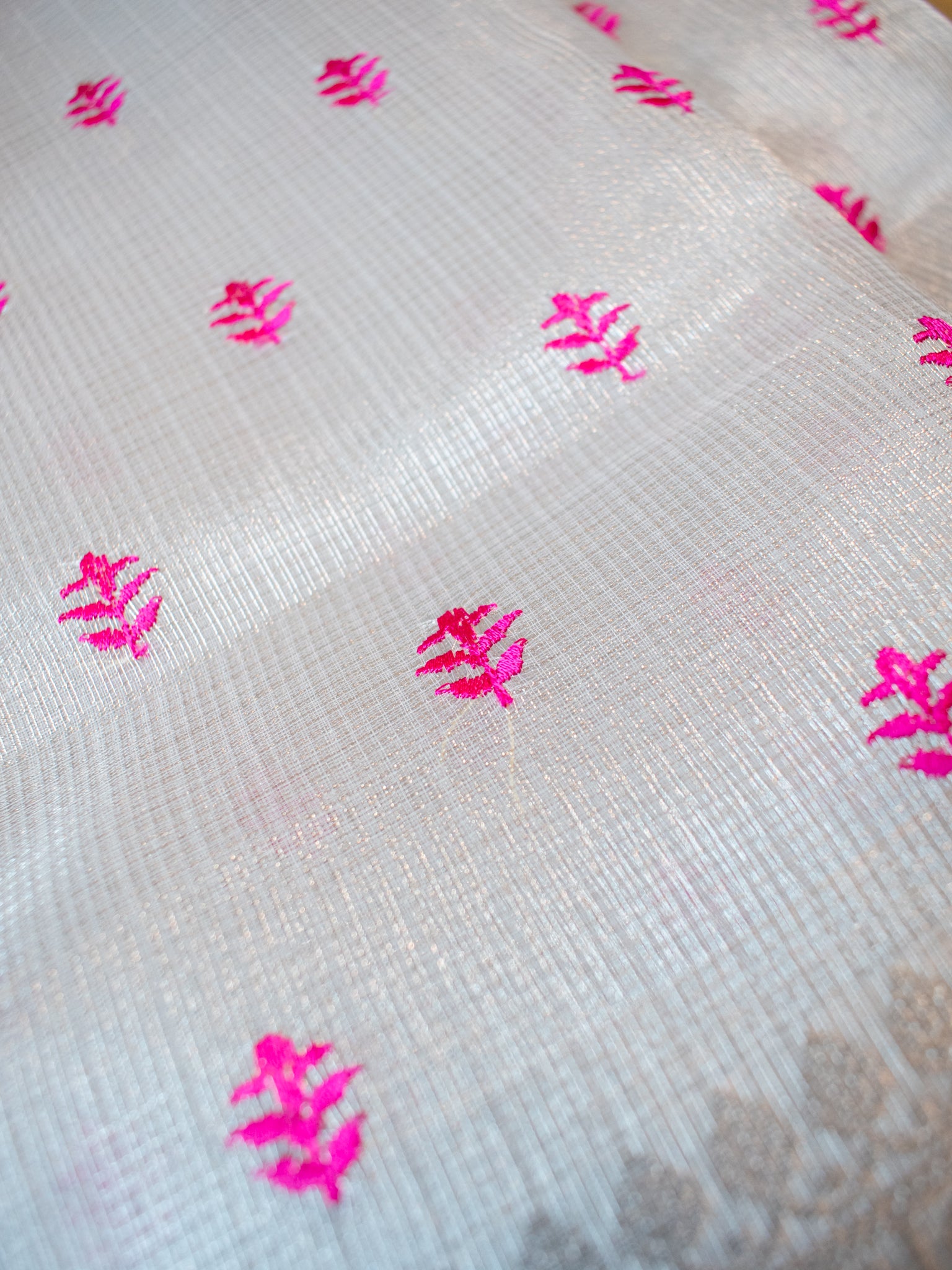 Banarasi Kota Check Saree With Embroidery & Border - Silver