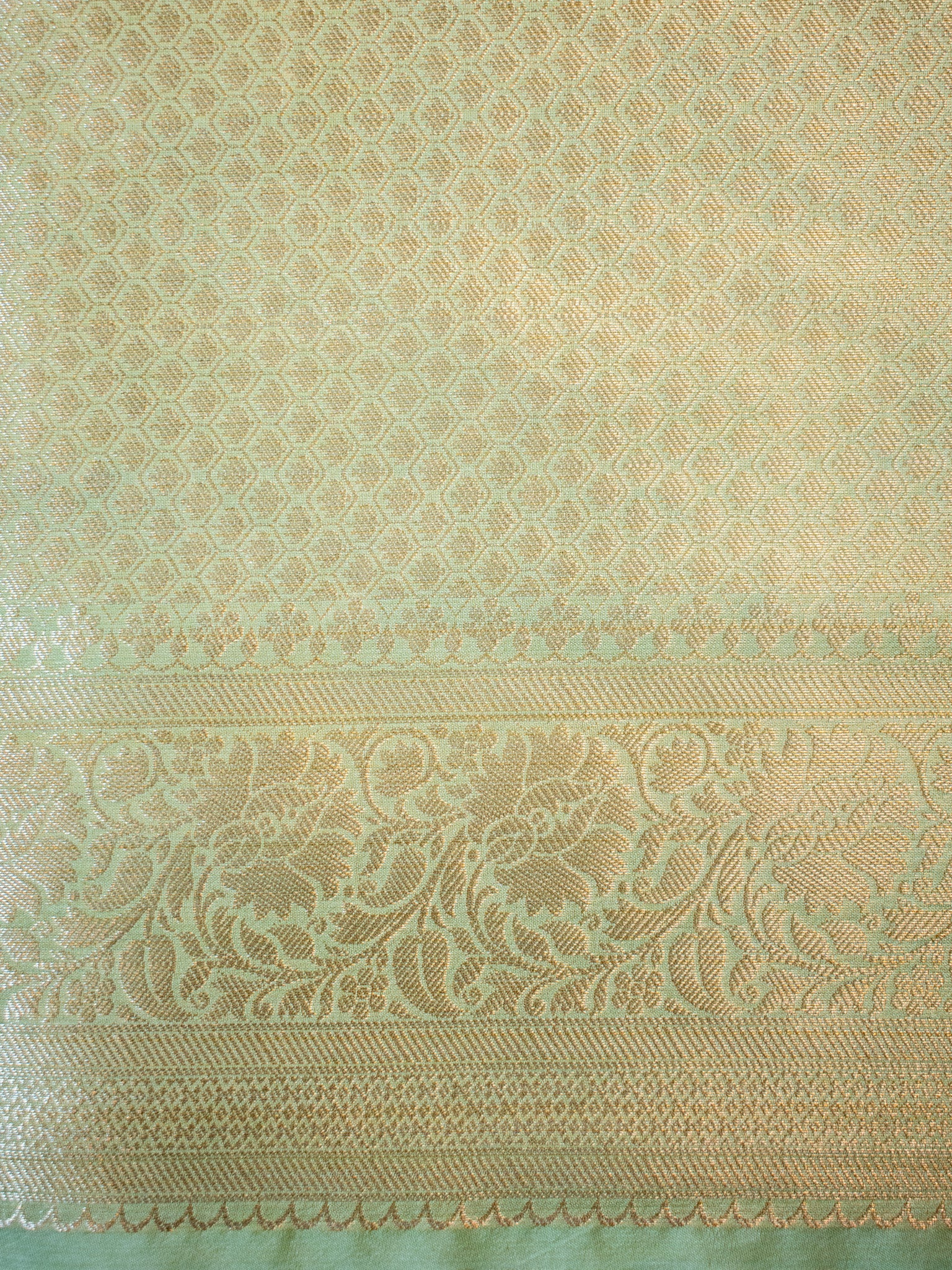 Banarasi Cotton Silk Saree With Silver Zari Jaal Weaving & Border- Green