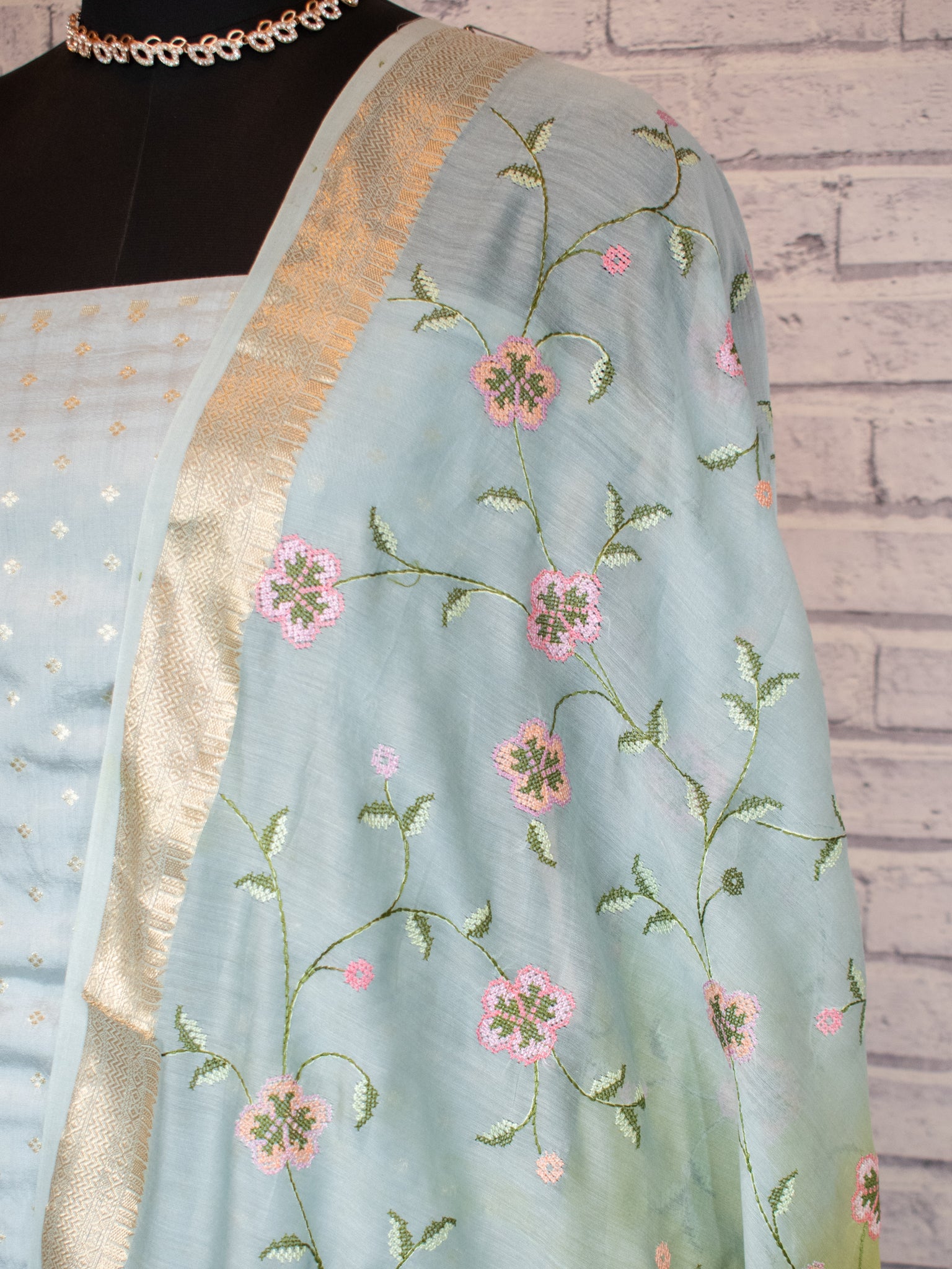 Banarasi Pure Chanderi Salwar Kameez Fabric With Embroidered Dupatta-Blue