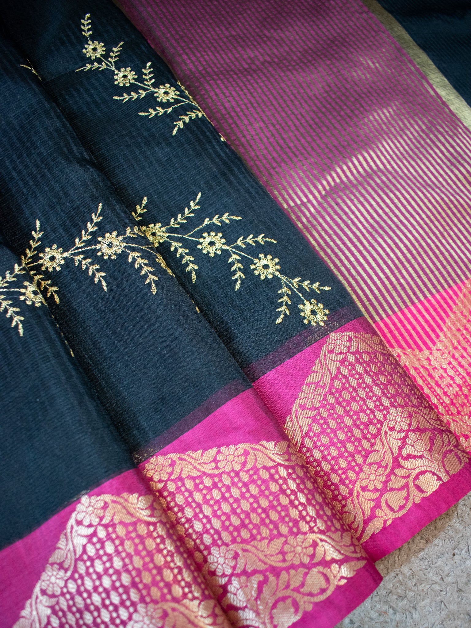 Banarasi Kota Check Saree With Embroidery & Border - Black