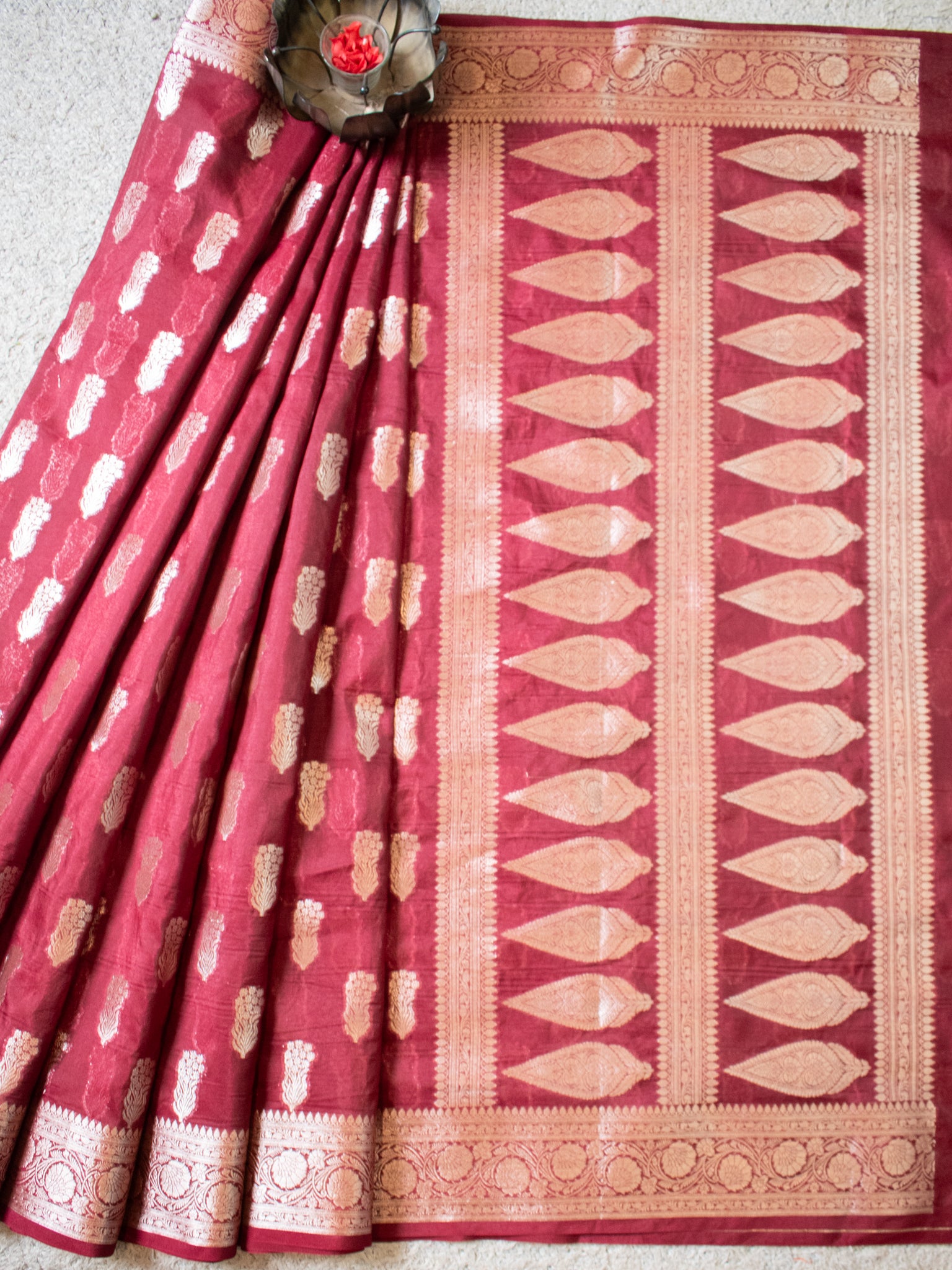 Banarasi Semi Silk Saree With Silver Zari Weaving & Border- Maroon