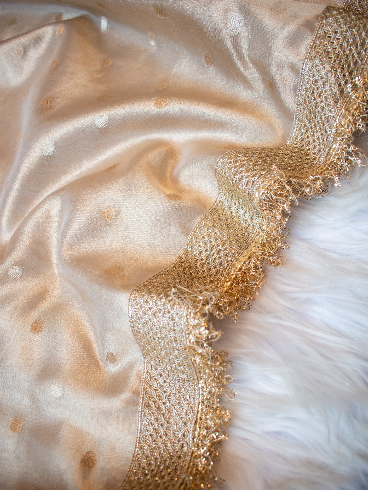 Banarasi Tissue Saree With Zari Buti Weaving & Lace Border- Beige