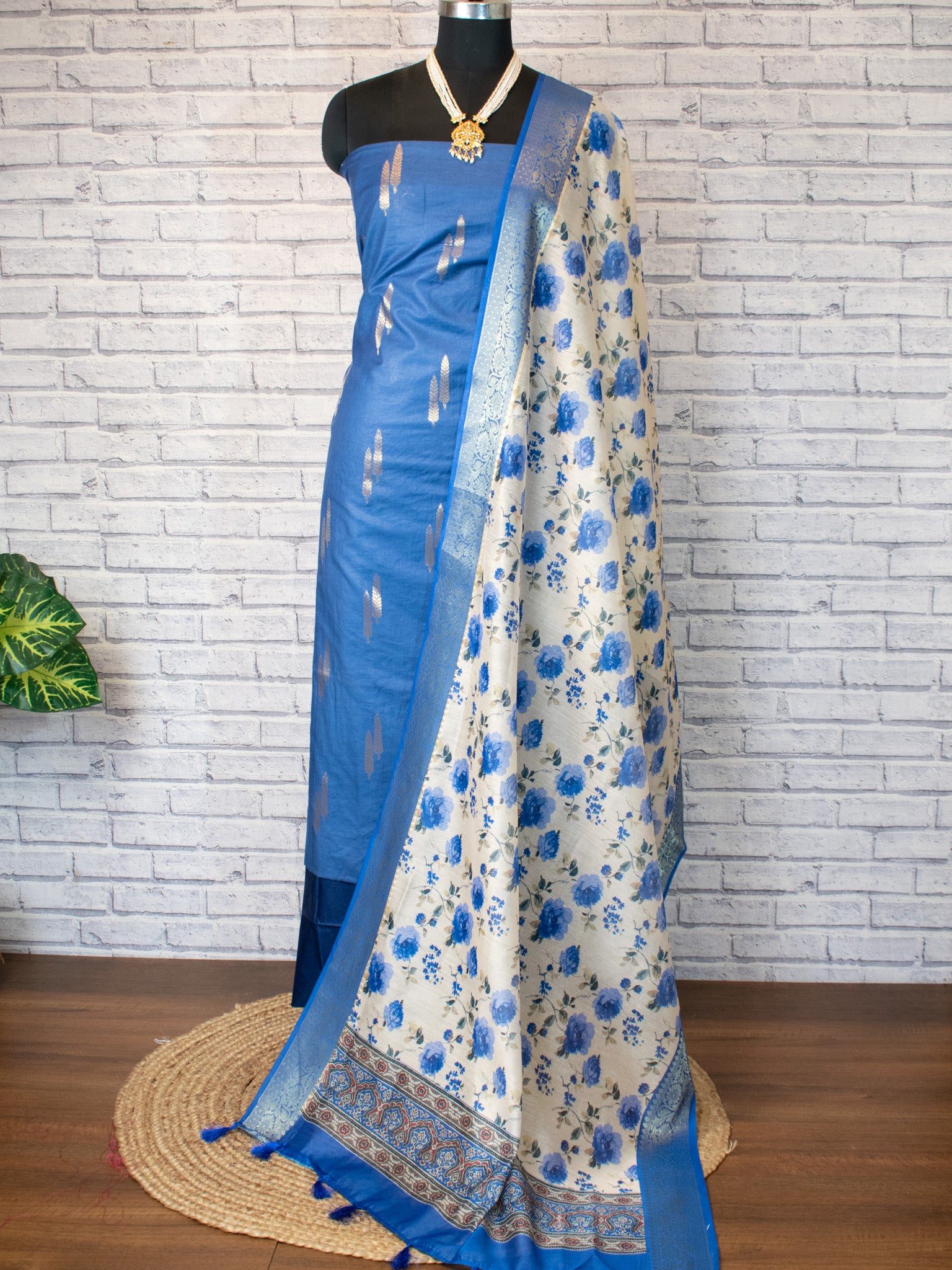 Banarasi Cotton Salwar Kameez Material With Silver Zari Weaving & Dupatta-Blue