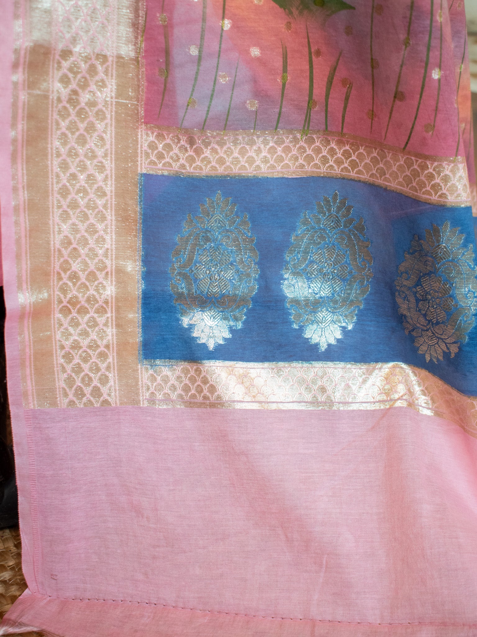 Banarasi Cotton Silk Salwar Kameez Material With Silver Zari & Hand Printed Dupatta-Pink
