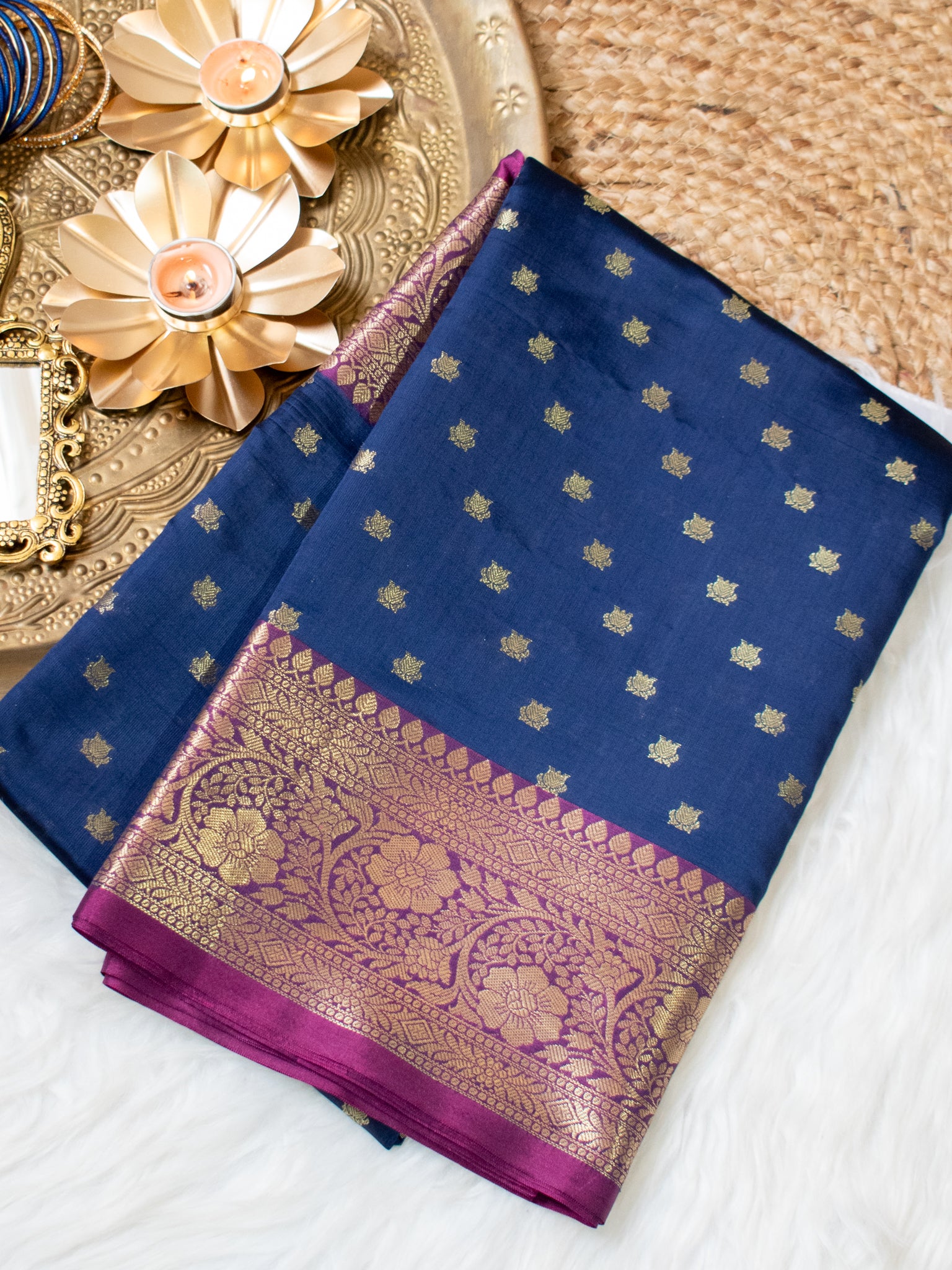 Banarasi Semi Silk Saree With Zari Buti Weaving & Border - Blue