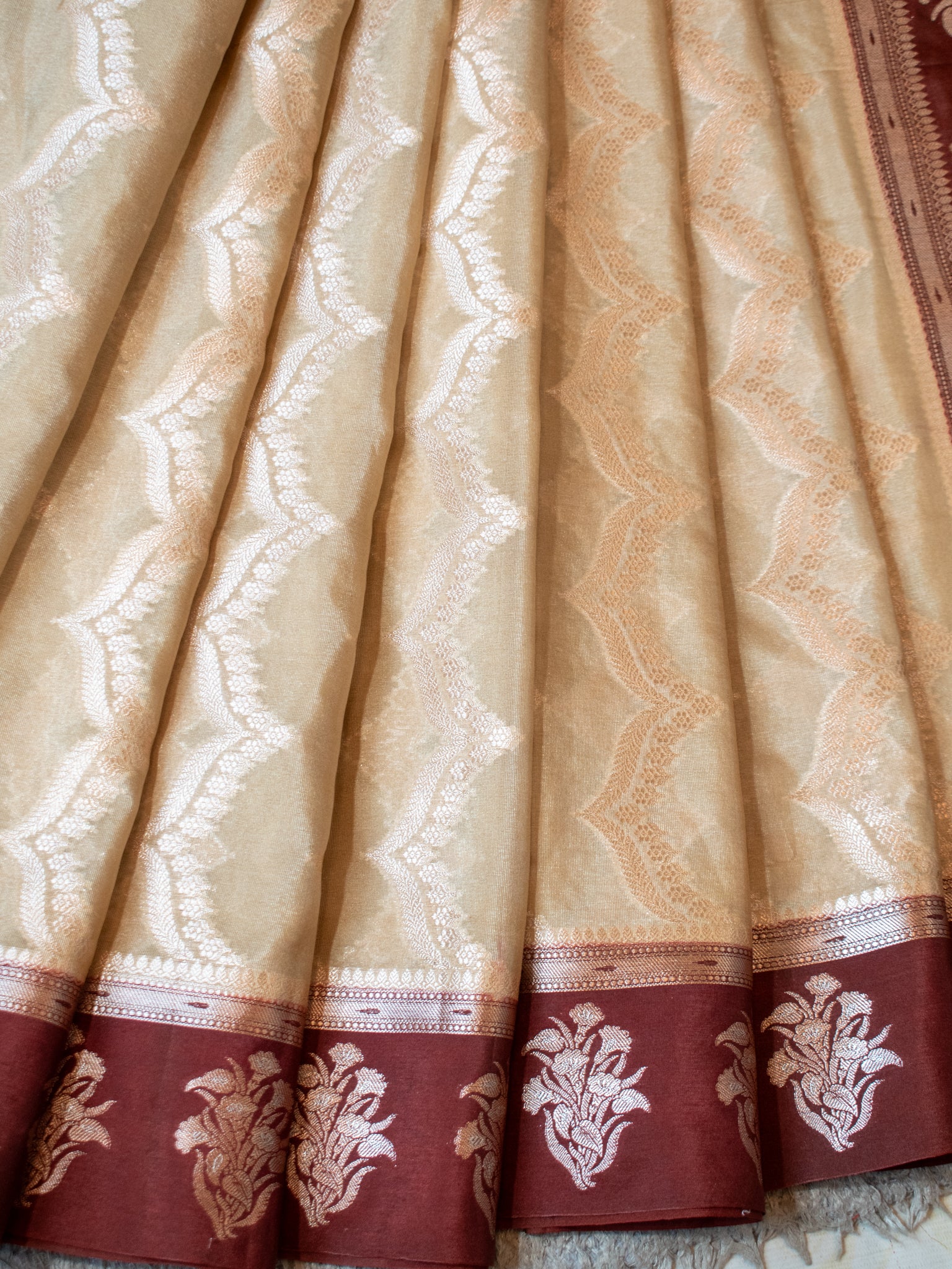 Banarasi Semi Silk Saree With Silver Zari Weaving & Contrast Border- Beige