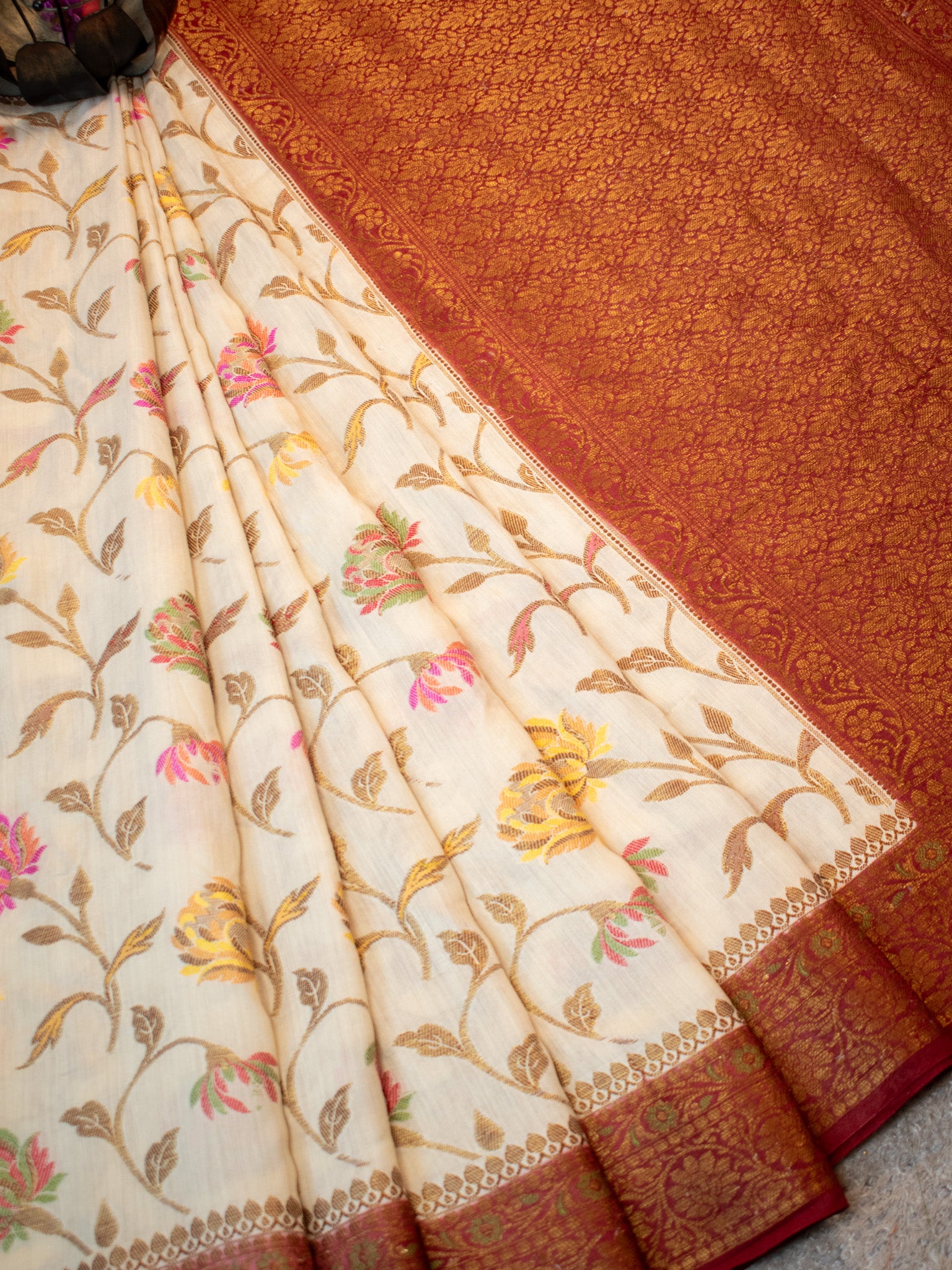 Banarasi Handwoven Pure Muga Silk Saree With Antique Resham Border- Off White