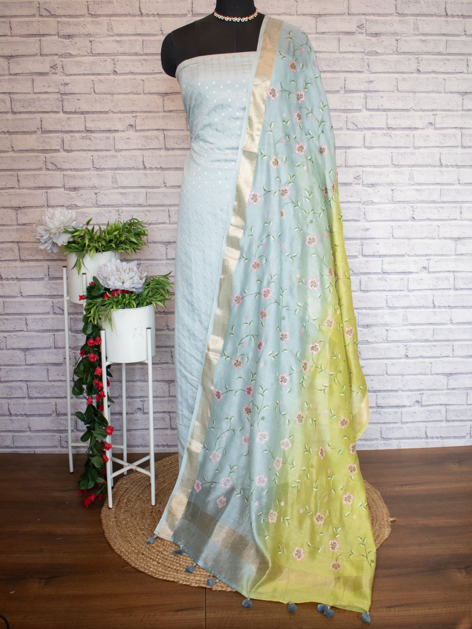 Banarasi Pure Chanderi Salwar Kameez Fabric With Embroidered Dupatta-Blue