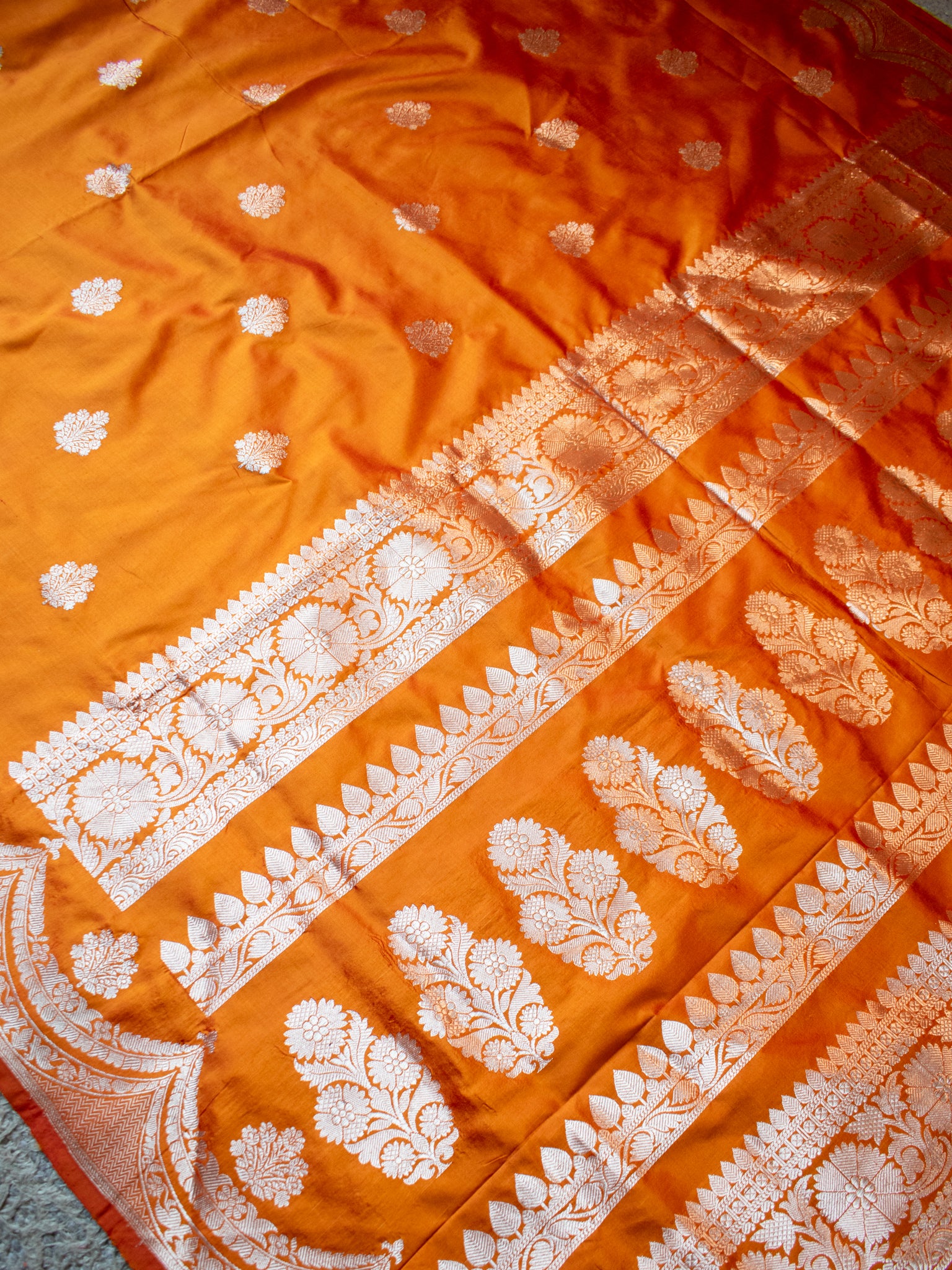Banarasi Pure Katan Saree With Buti & Border- Orange