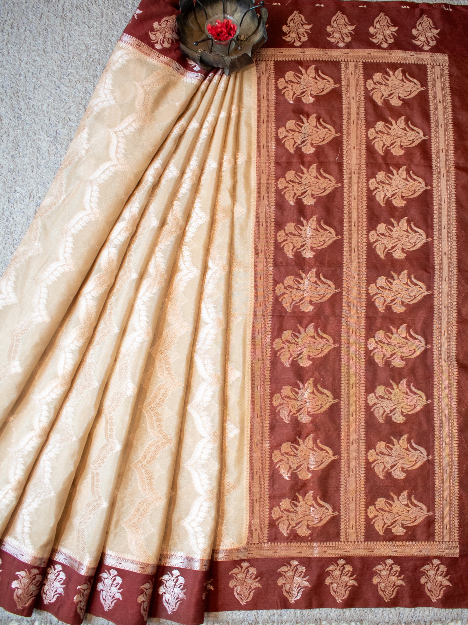 Banarasi Semi Silk Saree With Silver Zari Weaving & Contrast Border- Beige