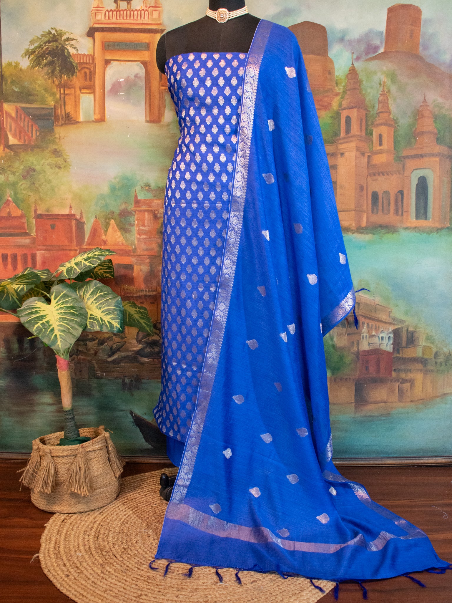 Banarasi Pure Muga Silk Salwar Kameez- Blue