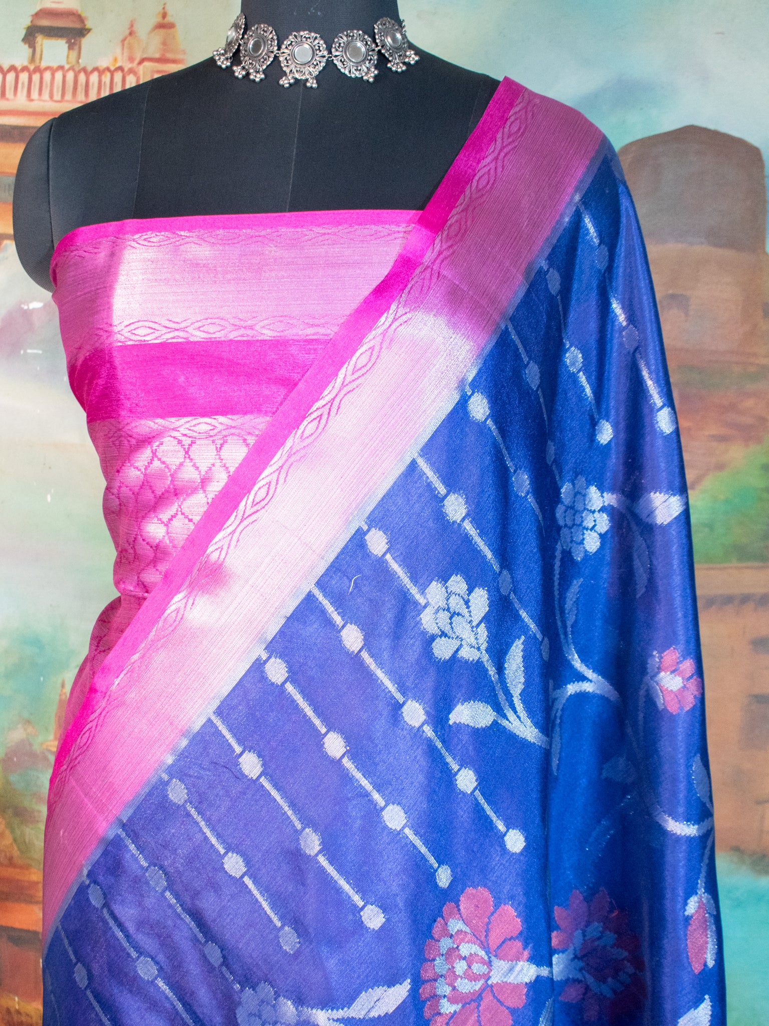 Banarasi Cotton Mix Saree with Floral Weaving & Border- Blue