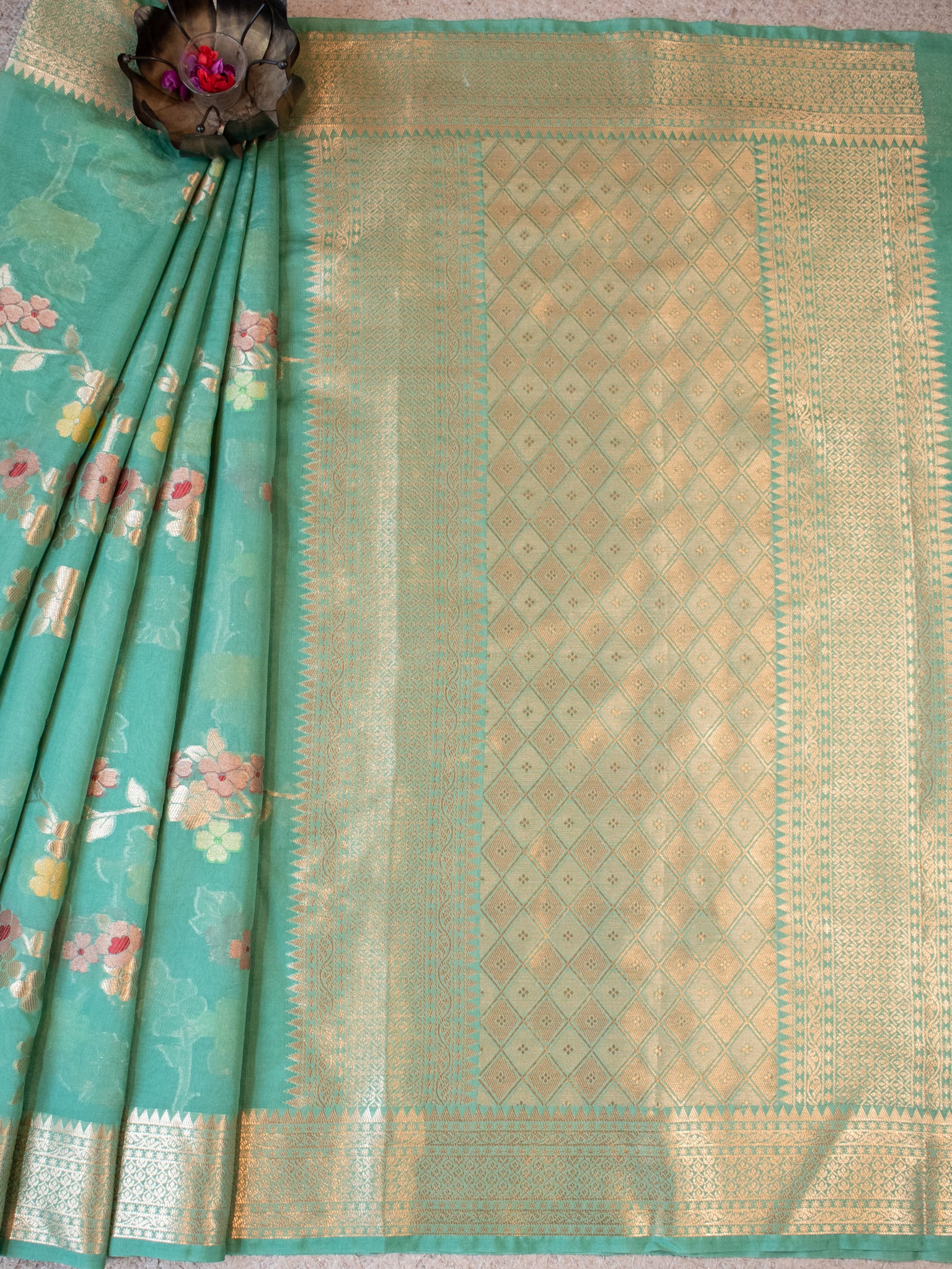 Banarasi Semi Georgette Saree with Floral Weaving & Border- Sea Green