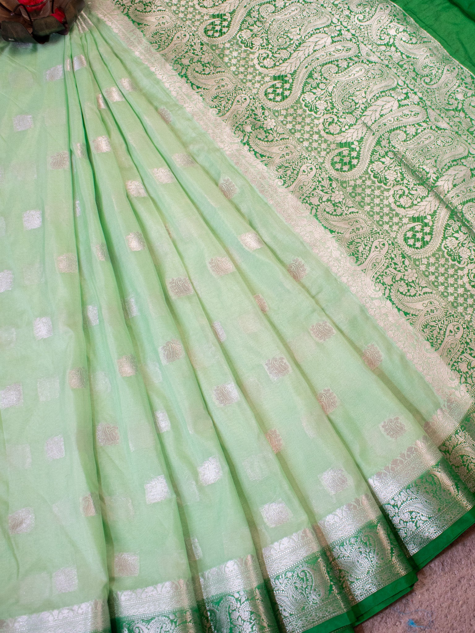 Banarasi Semi Chiffon Saree Silver Zari Buti Weaving With Contrast Border- Green