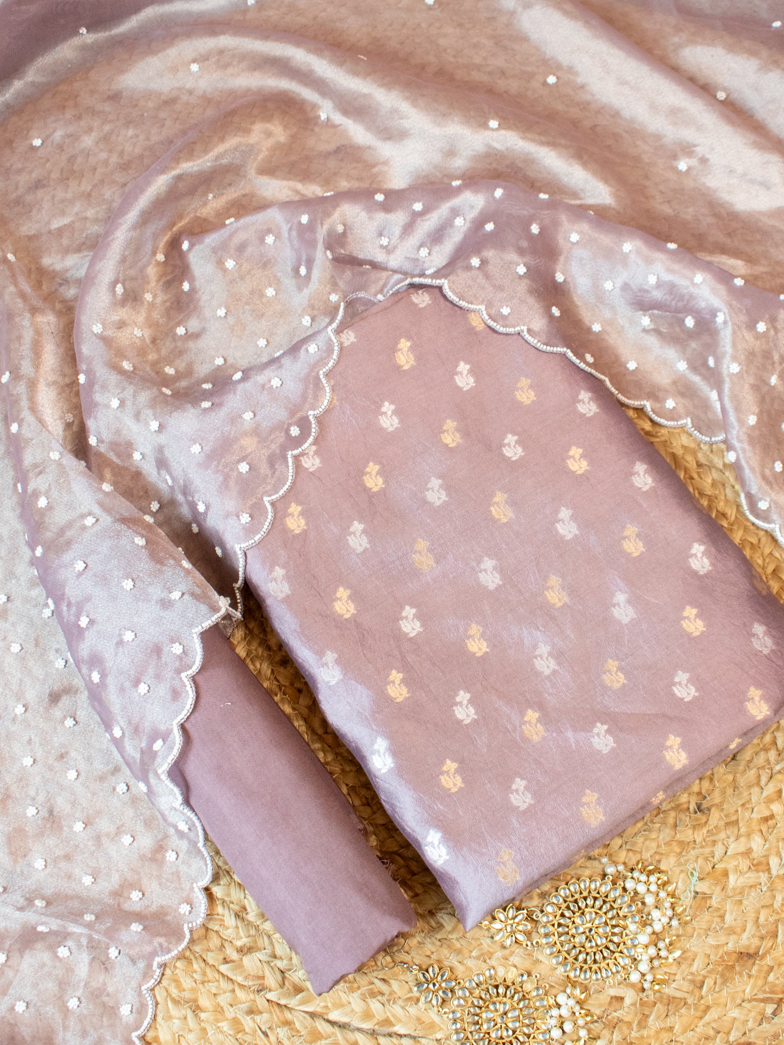 Banarasi Pure Chiniya Salwar Kameez With Tissue Handwork Dupatta-Mauve
