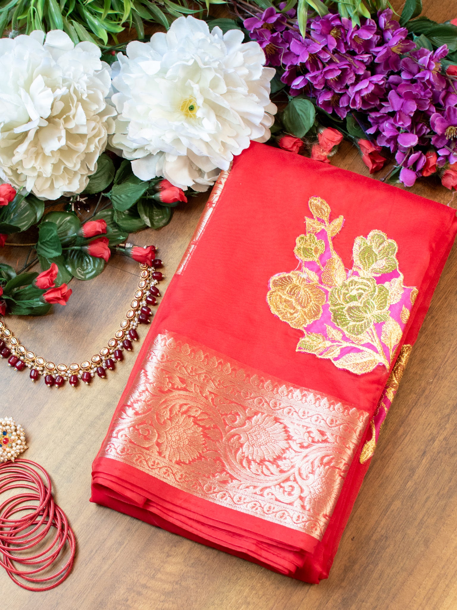 Banarasi Organza Saree With Zari Border-Red