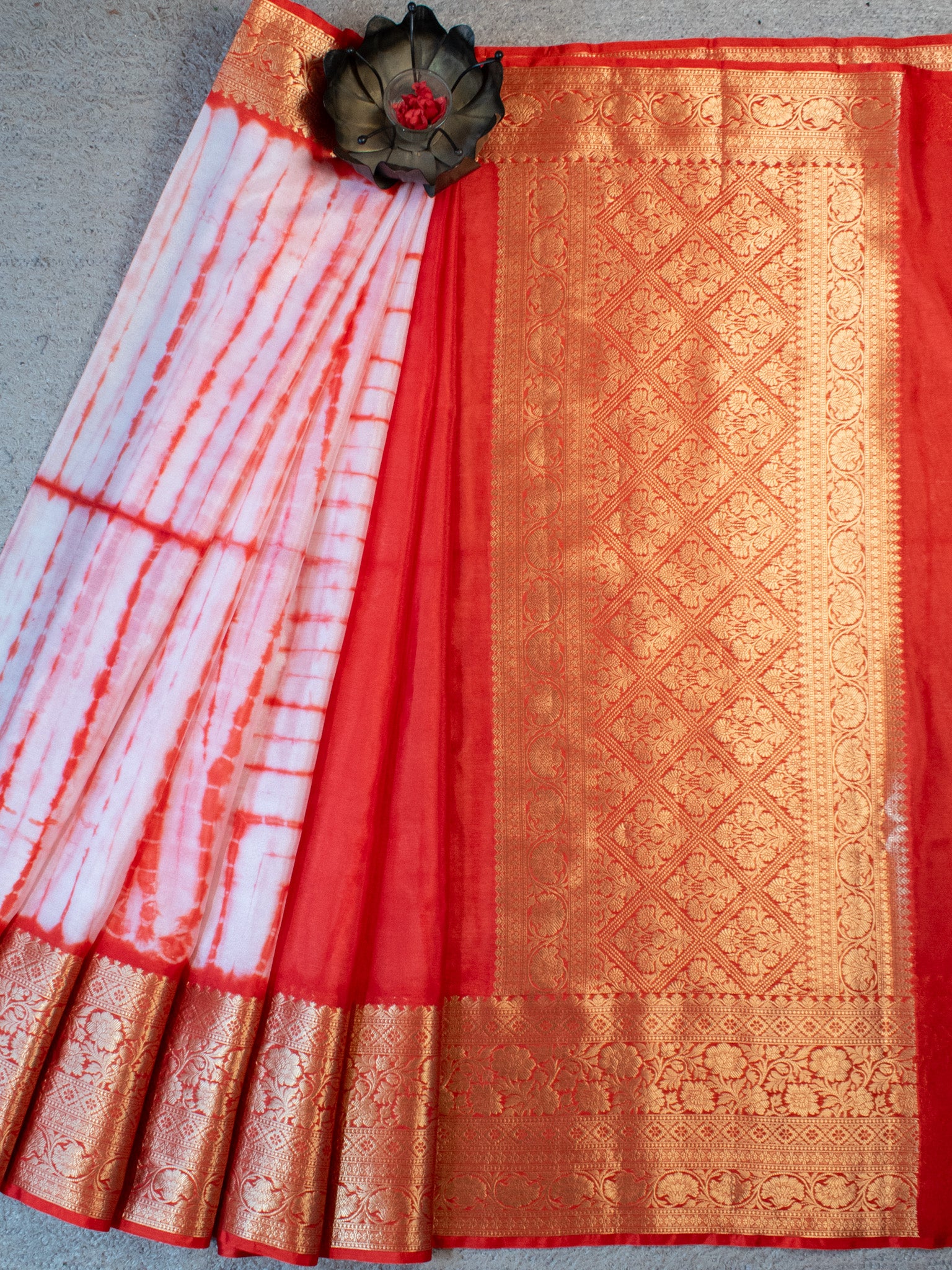 Banarasi Shibori Dyed Cotton Silk Saree With Zari Border-Orange