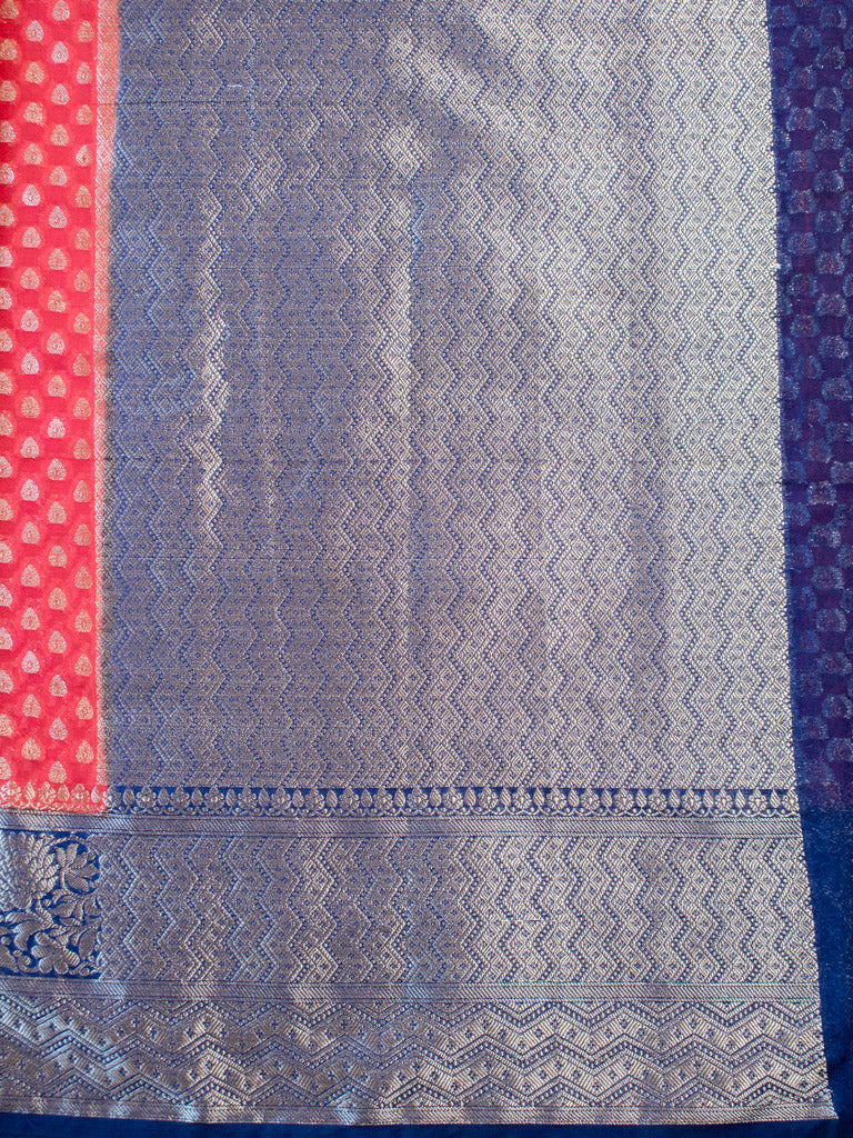 Banarasi Kora Saree With Zari Buti Weaving & Contrast Border-Red