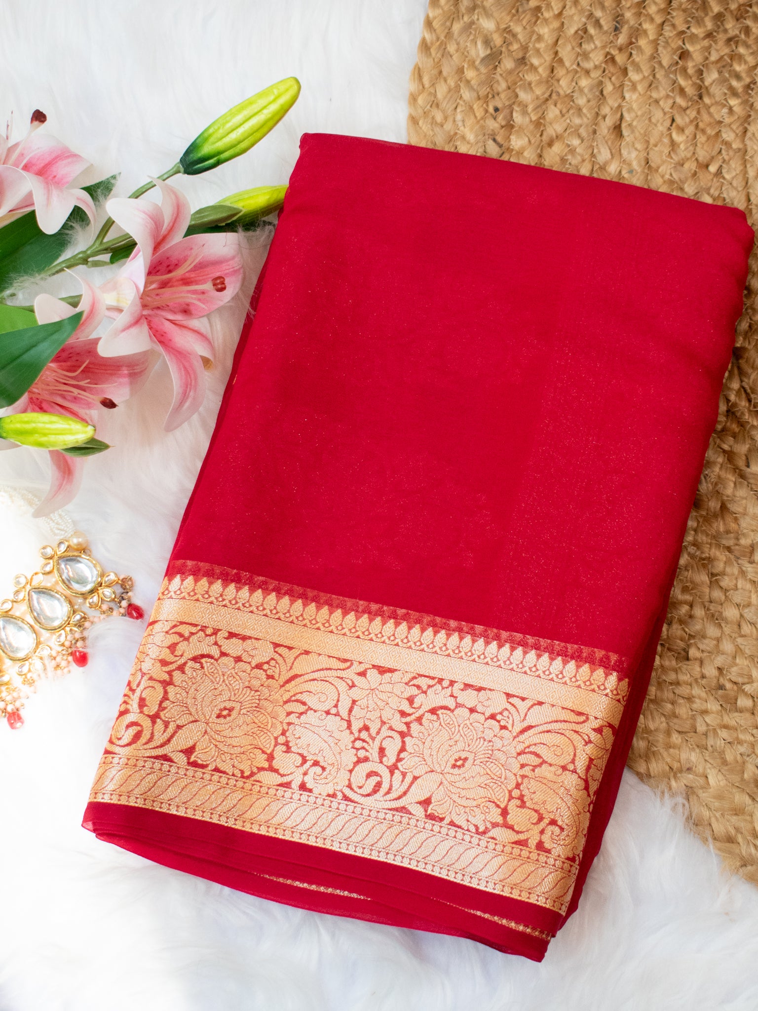 Banarasi Pure Chiffon Saree With Resham Weaving Border - Red