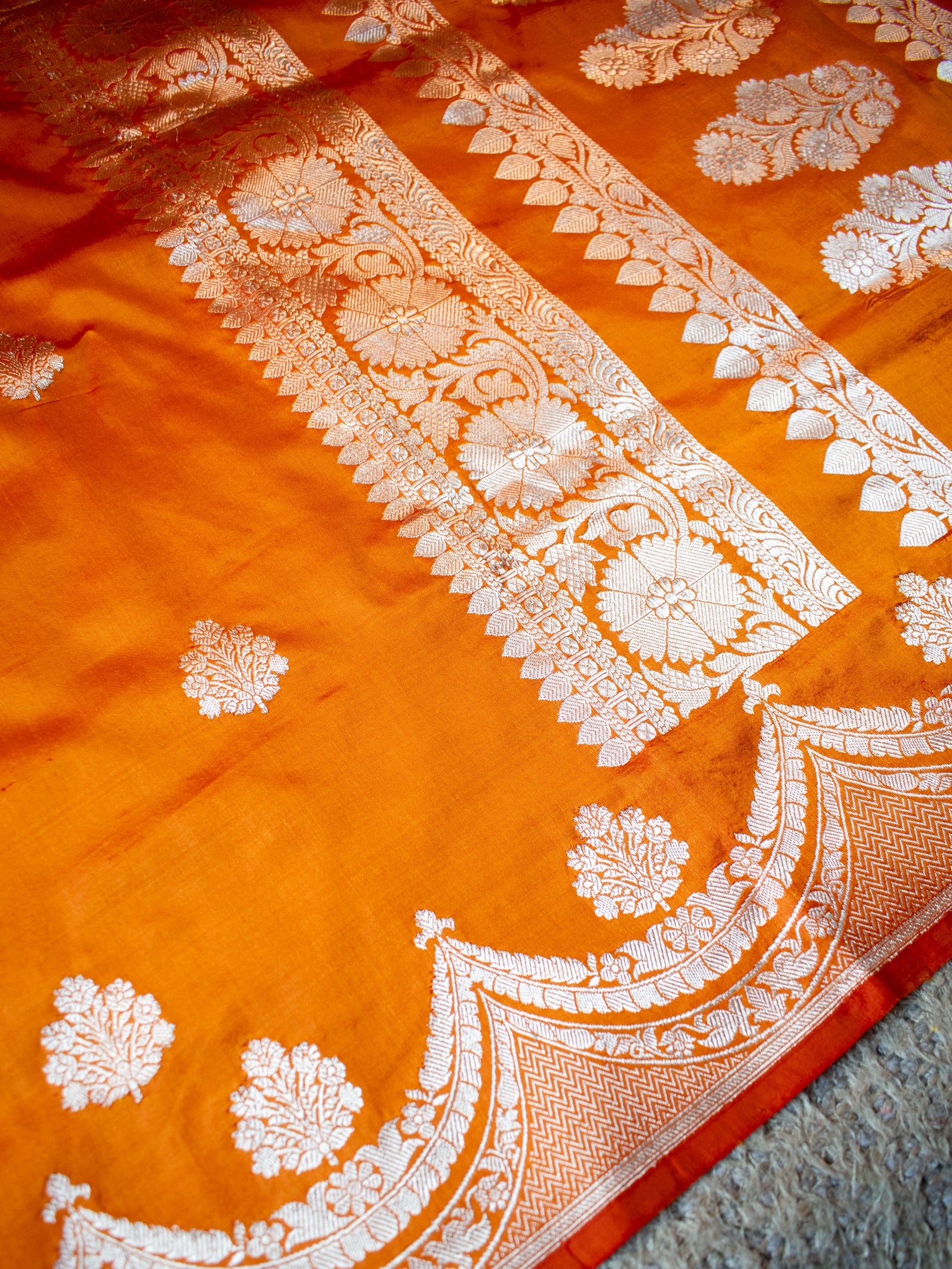 Banarasi Pure Katan Saree With Buti & Border- Orange