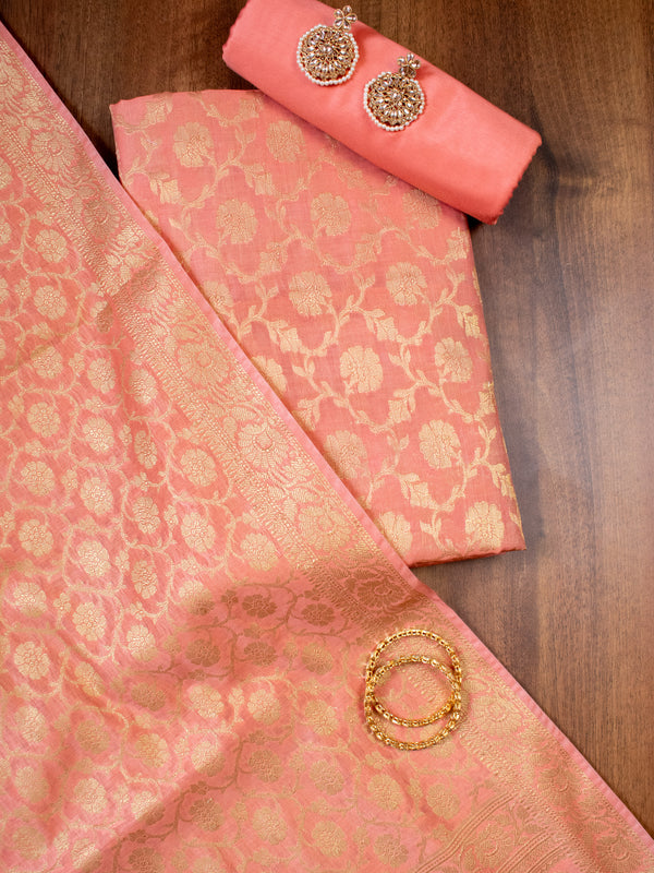 Banarasi Cotton  Silk Zari Weaving Salwar Kameez Material-Peach