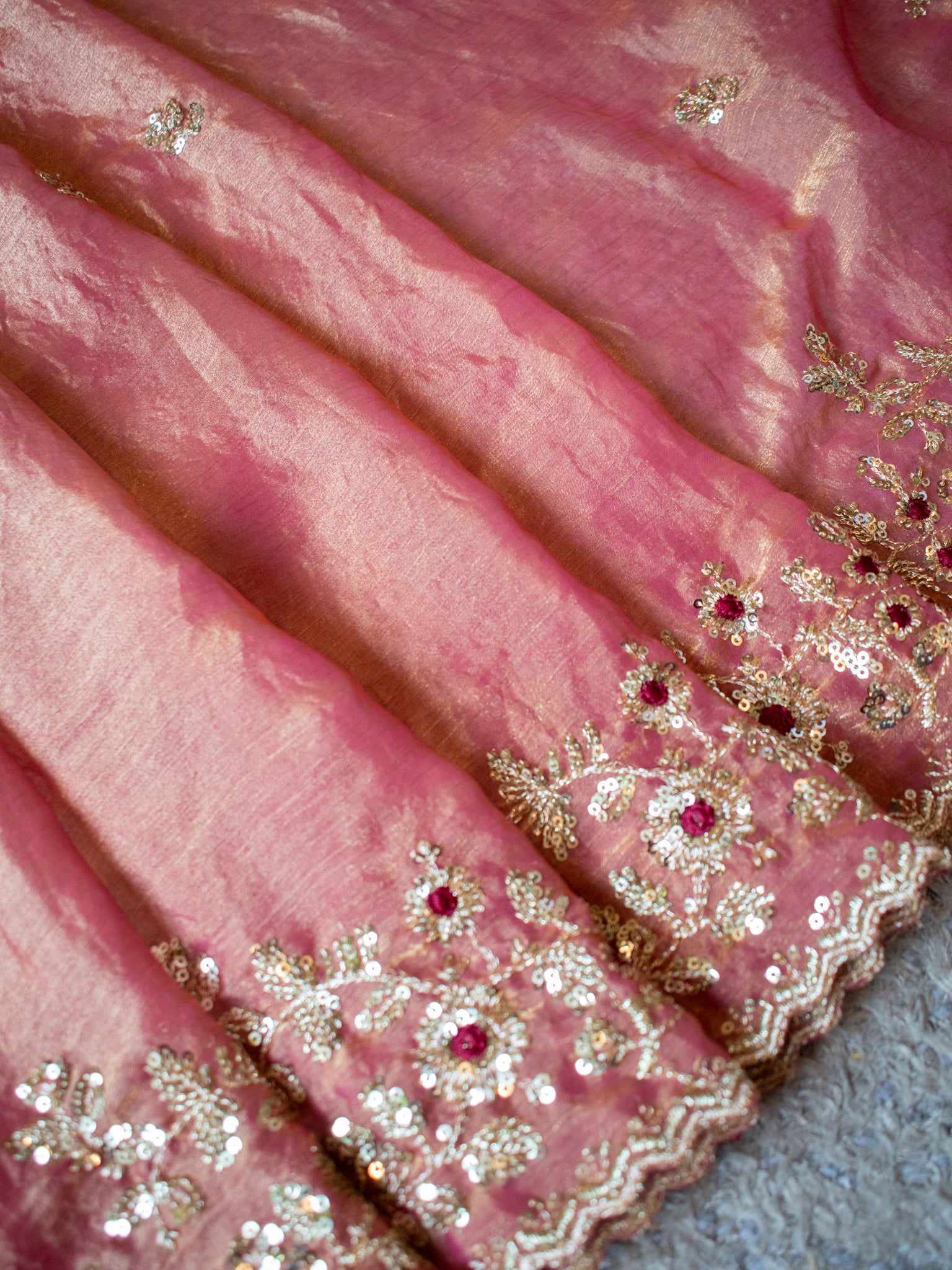 Tissue Embroidered Cocktail Saree- Pink