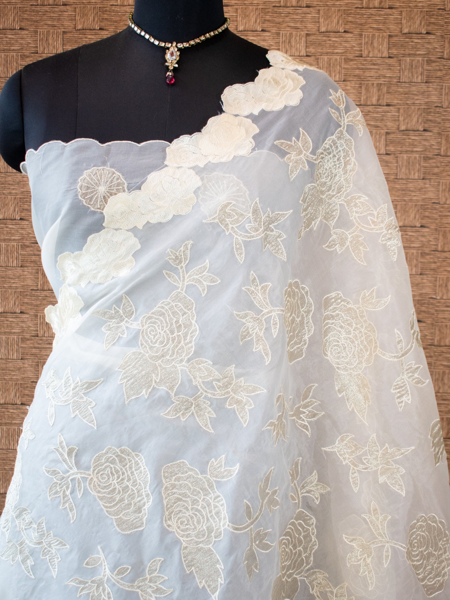 Banarasi Pure Organza Saree With Floral Cutwork & Hand Embroidery-Off White
