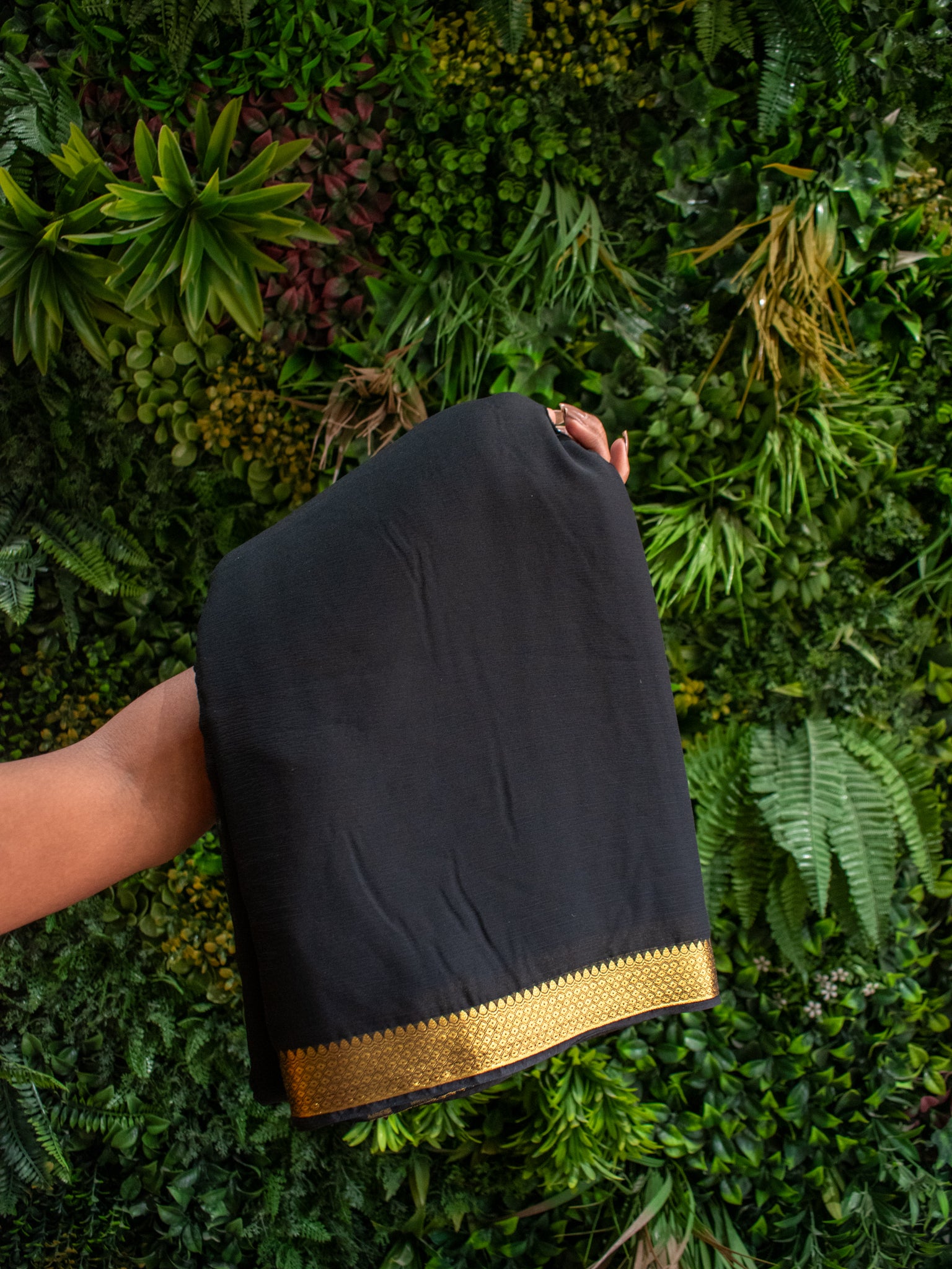 Banarasi Plain Semi Chiffon Saree With Gold Zari Border- Black