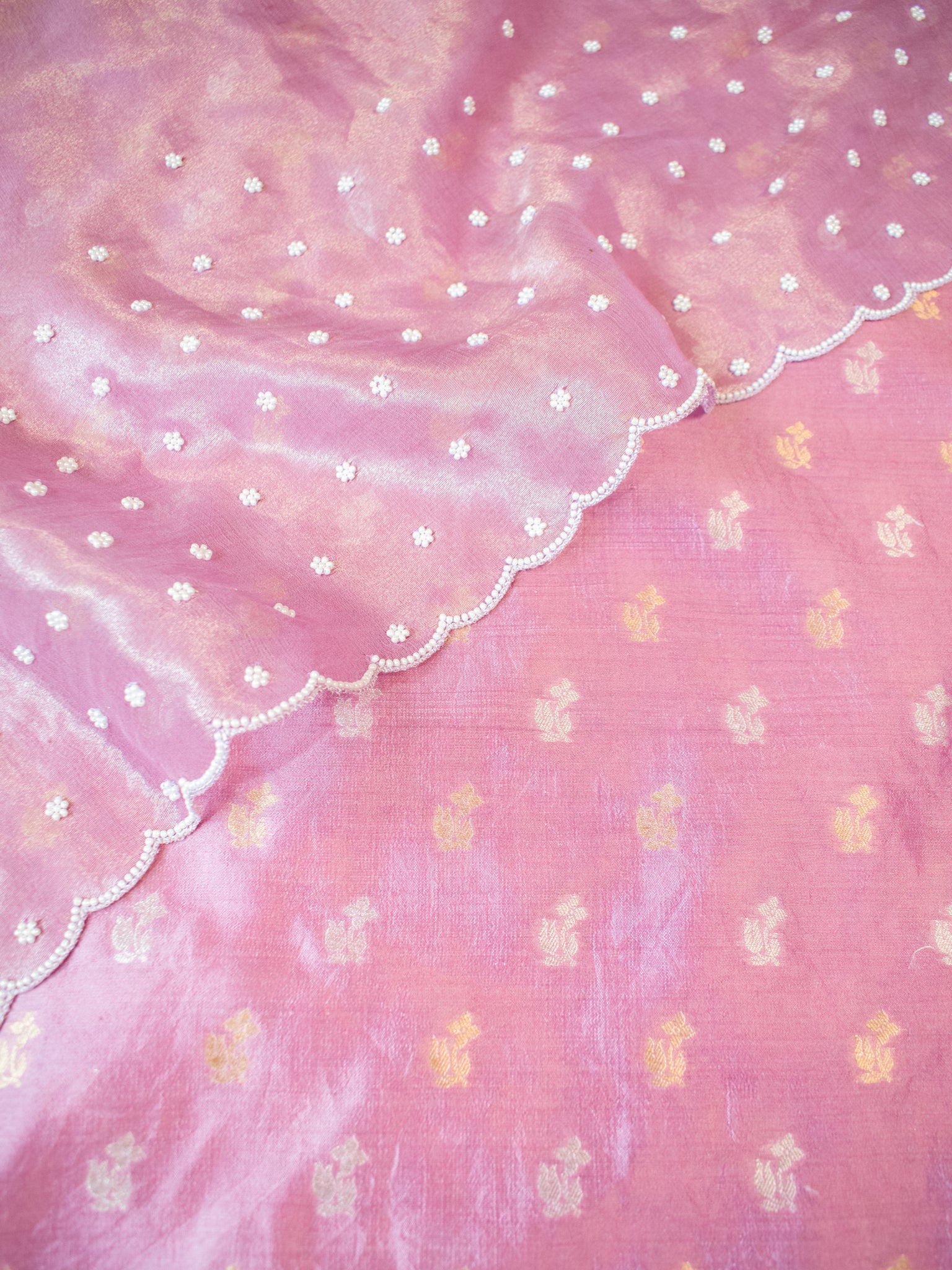 Banarasi Pure Chiniya Salwar Kameez With Tissue Handwork Dupatta- Pink
