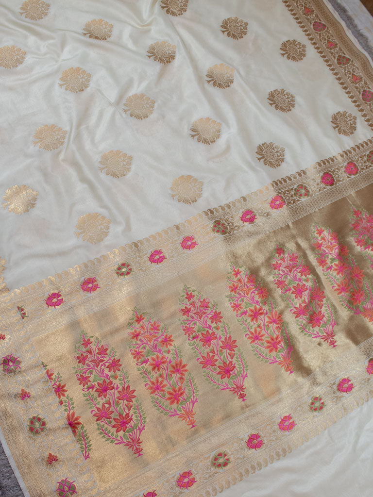 Banarasi Art Katan Silk Saree With Meena Buta Weaving-White