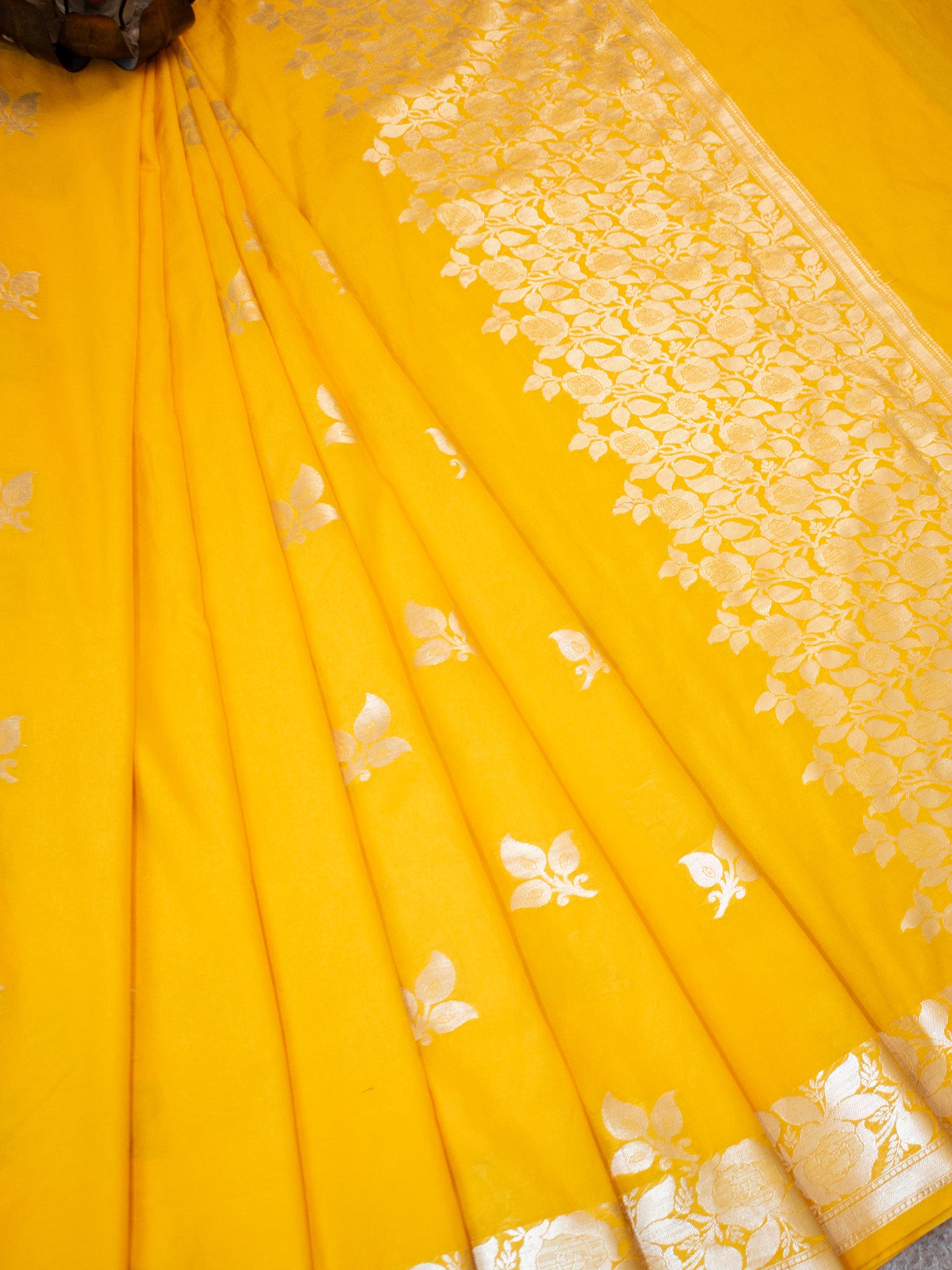 Banarasi Cotton Silk Saree Silver Zari Weaving With Border-Yellow