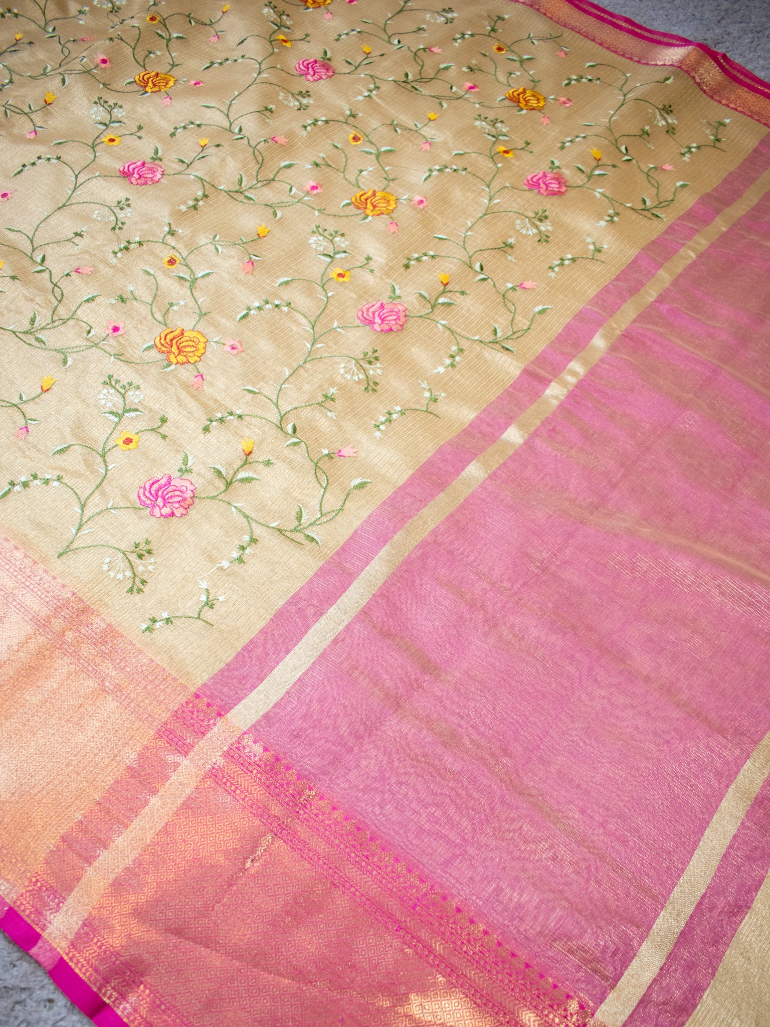 Banarasi Kota Check Saree With Embroidery & Border - Gold