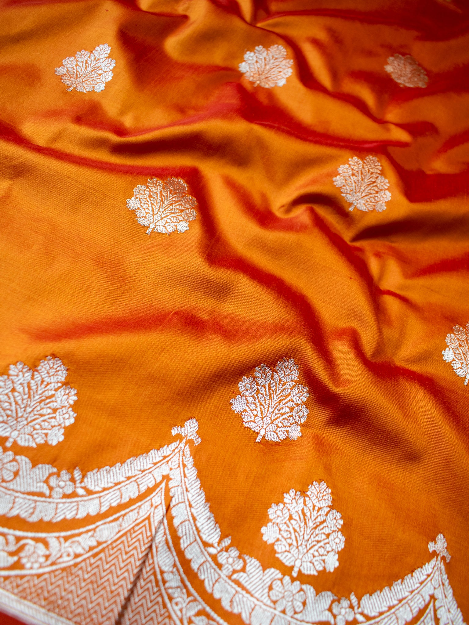 Banarasi Pure Katan Saree With Buti & Border- Orange