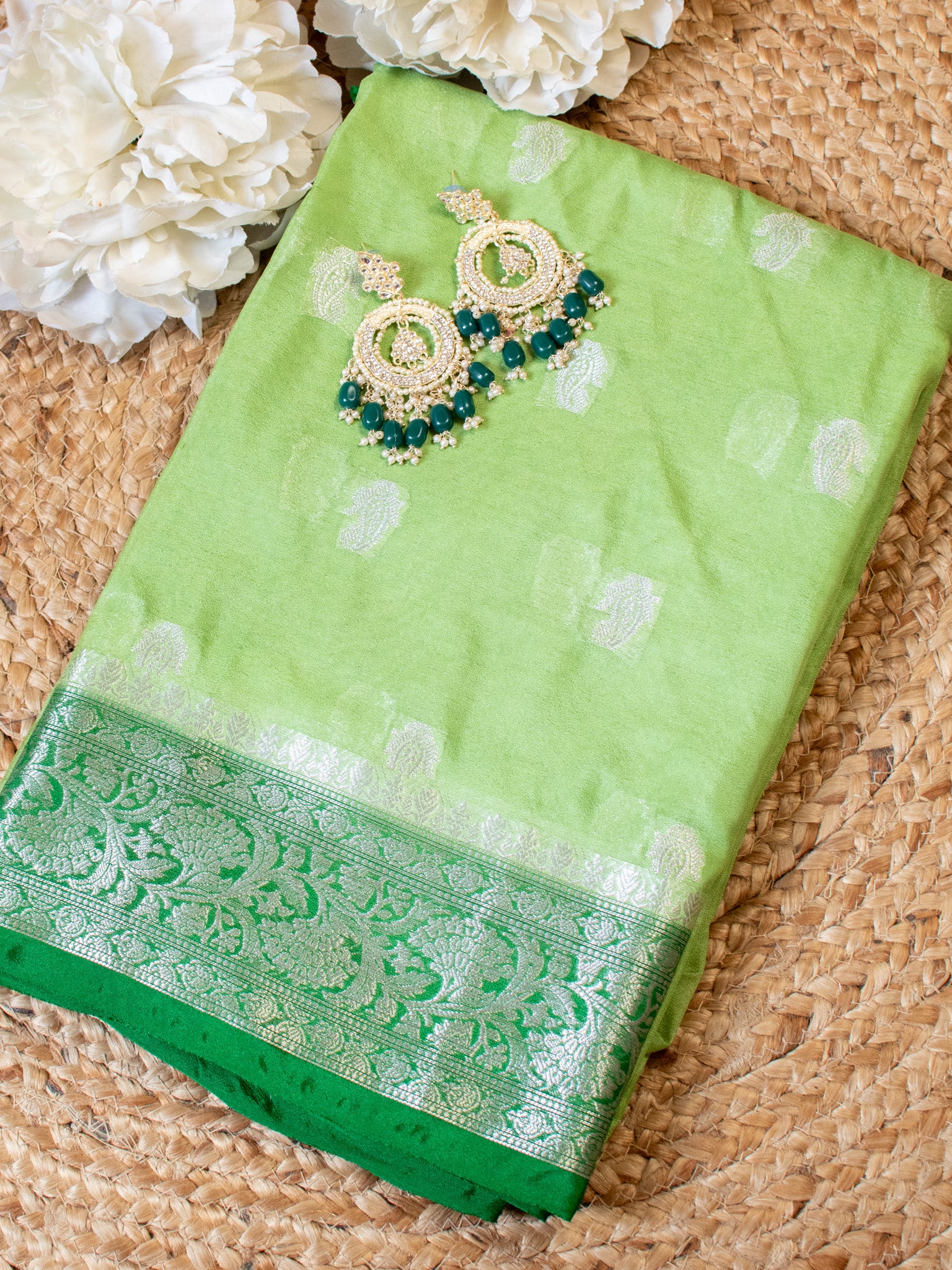 Banarasi Semi Chiffon Saree Silver Zari Buti Weaving With Contrast Border- Green