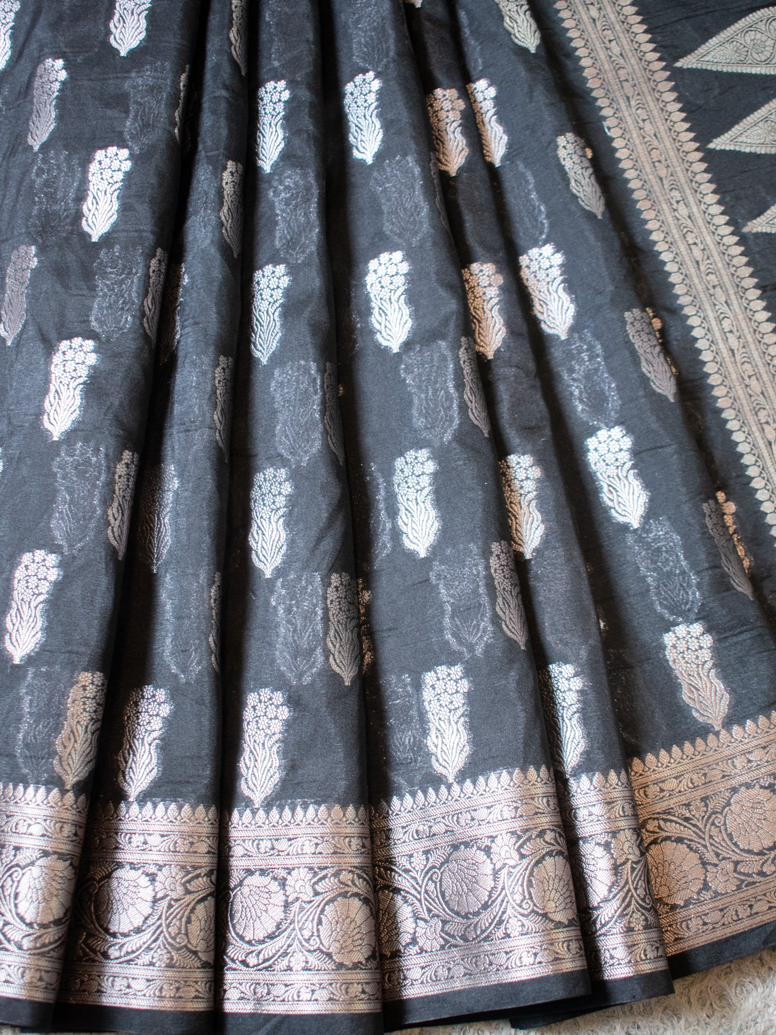 Banarasi Semi Silk Saree With Silver Zari Weaving & Border- Black