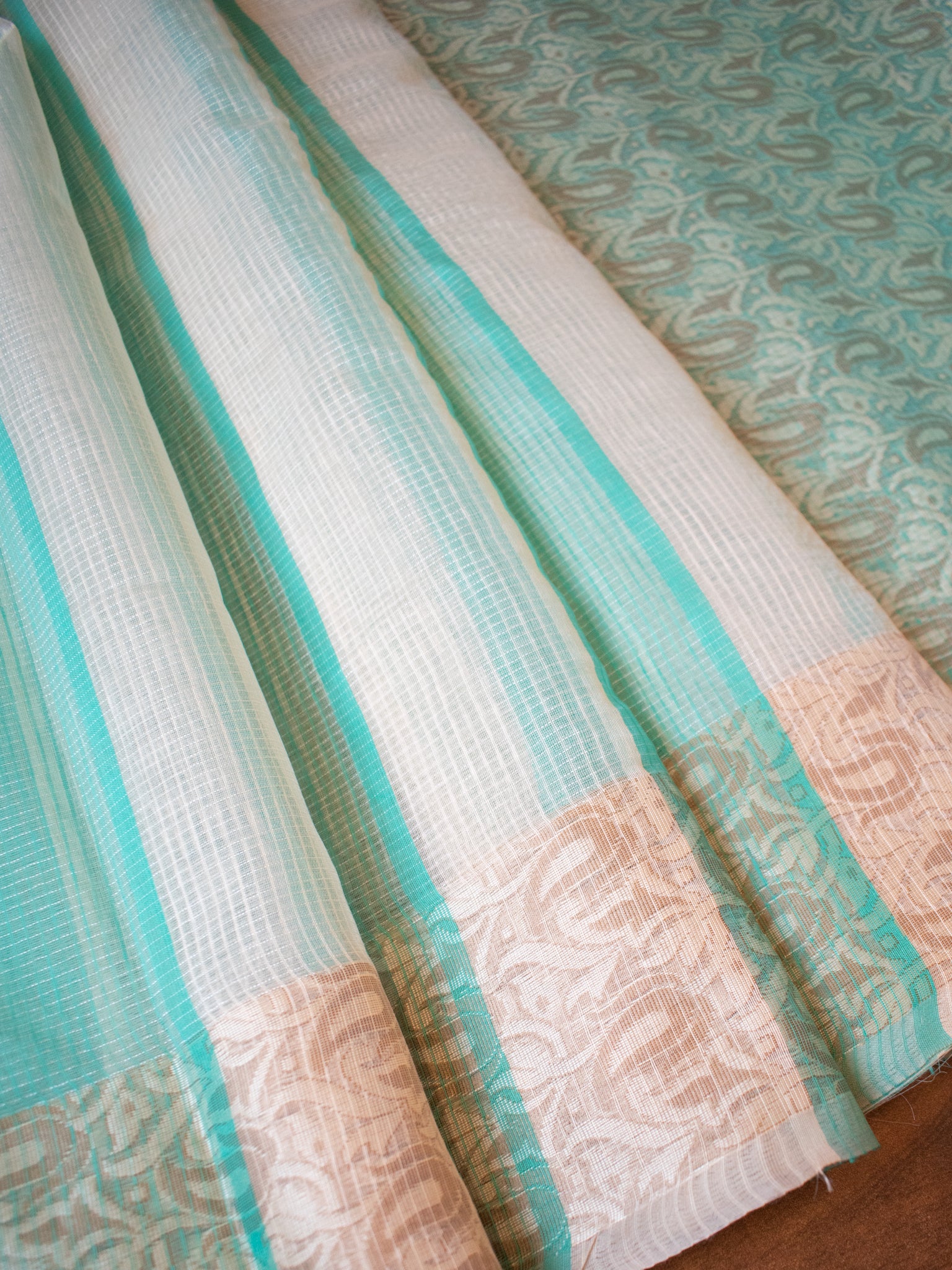 Banarasi Kota Check Saree with Resham Weaving Border- Green