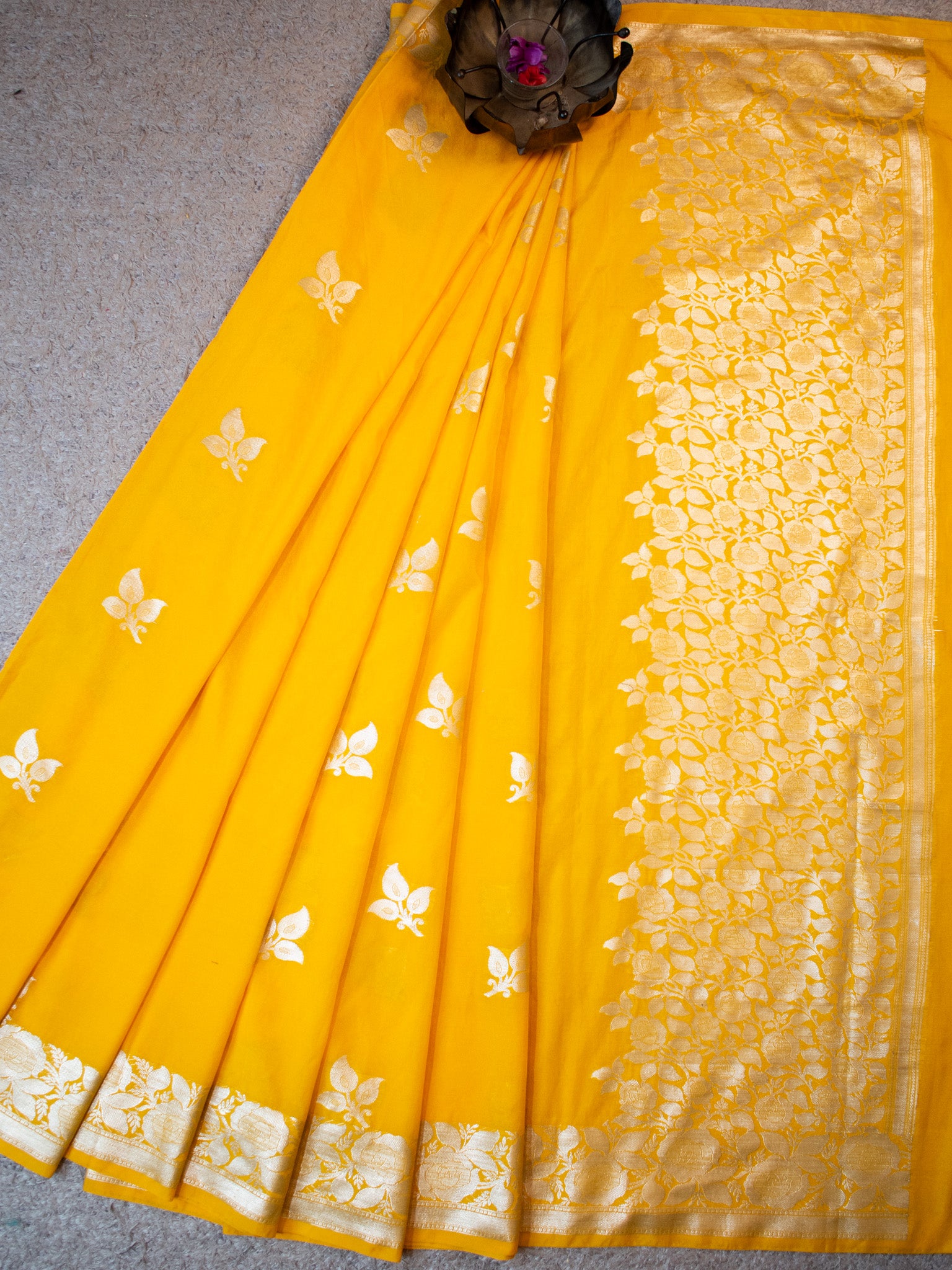 Banarasi Cotton Silk Saree Silver Zari Weaving With Border-Yellow